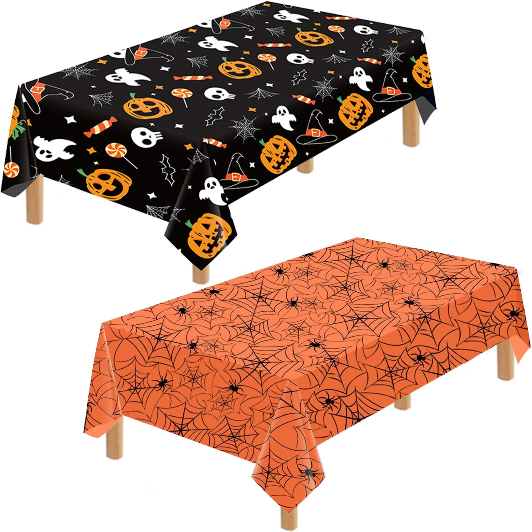 MaoMaoChaHalloween Tablecloth, 2 Pack Rectangular Plastic Table Cloth 54" x 108" Halloween Pumpkin Spiderweb Skeleton Table Covers for Halloween Ghost Themed Party Decorations