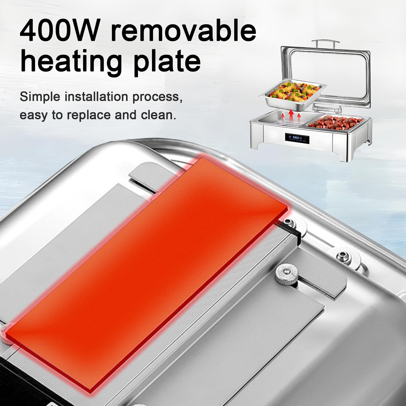 Chafing Dish Elettrico Temperatura Regolabile, 9L, 400W(1/2 Pan) | Scaldavivande Elettrico Buffet Professional in Acciaio Inox, Scaldavivande Catering Buffet con Coperchio Trasparente