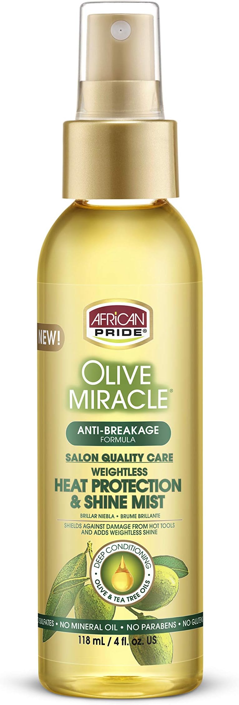 African Pride Olive Miracle Weightless Heat Protection & Hair Shine Mist, Fights Humidity & Shields Against Heat Damage, Enriched with Olive & Tea Tree Oils, 4 oz