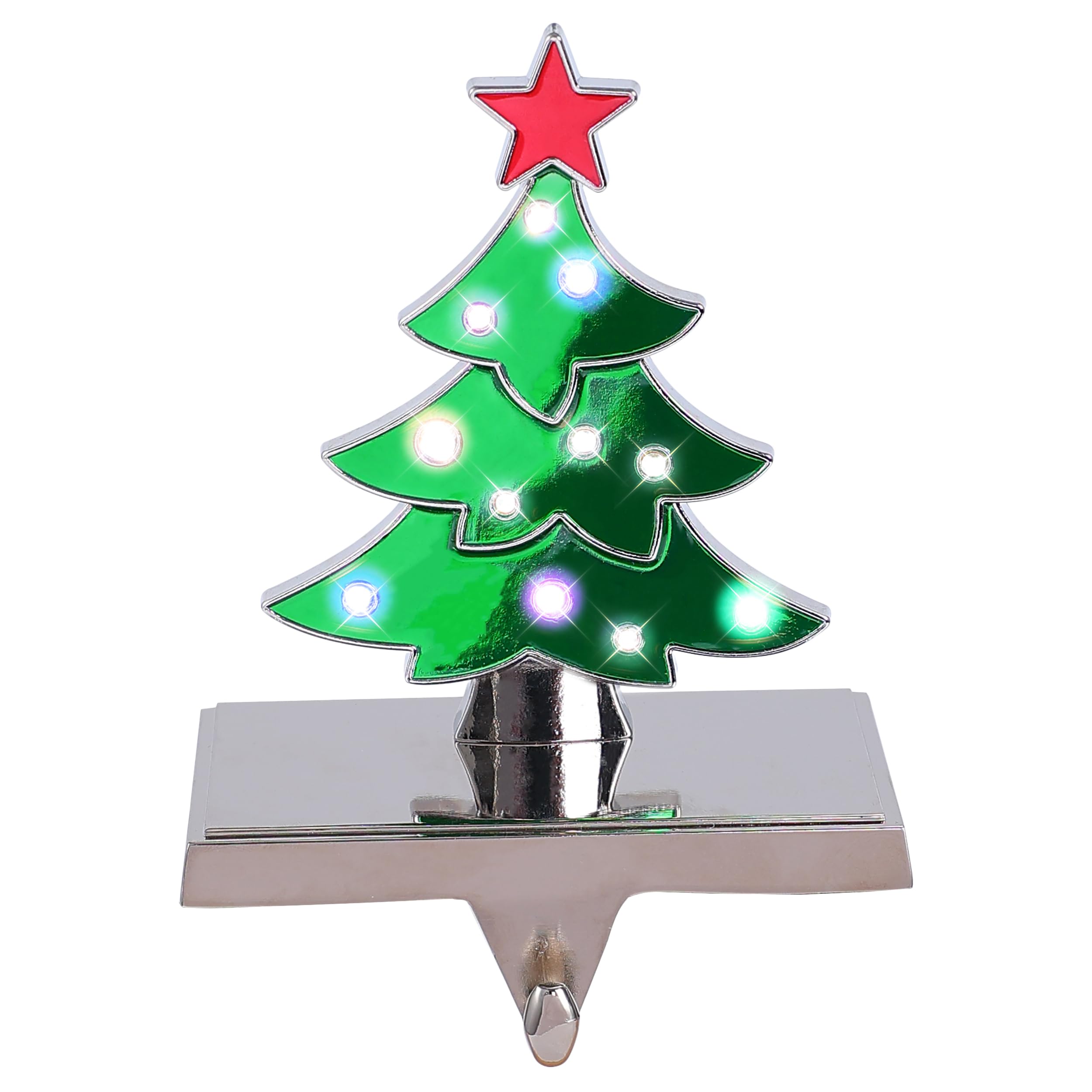 Amooca Christmas Stocking Holders Non-Slip Metal Hooks LED Lights Tree Decor Fireplace Mantle Stocking Hanger for Party Decorations (Green Silver)