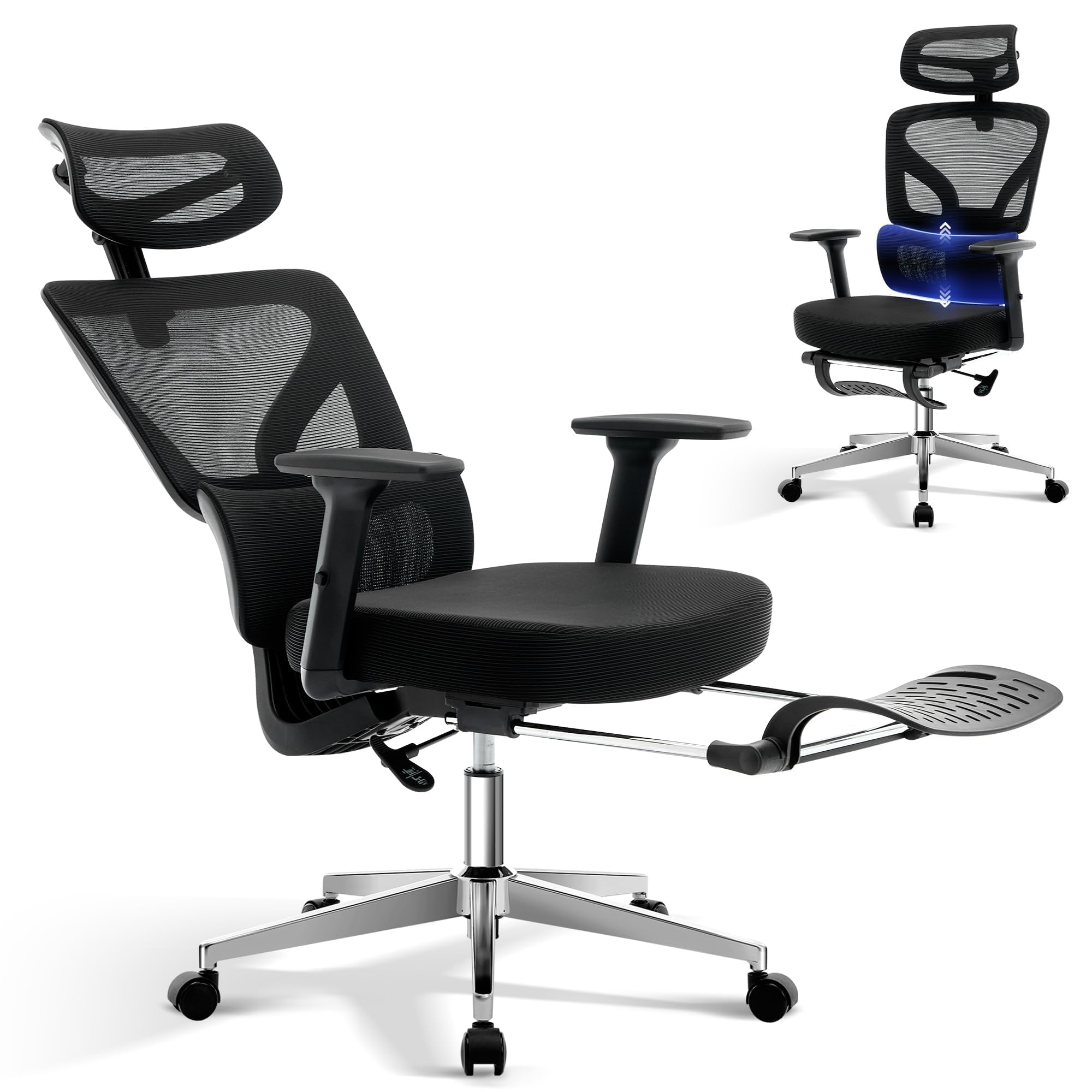 Garvee Silla Escritorio Ergonómica con Base Metálica Sin Color | Con Soporte Lumbar Ajustables,Reposacabezas y Apoyabrazos,Malla Giratoria,Reclinable y Móvil,Carga máx. 136 kg,Con reposapié