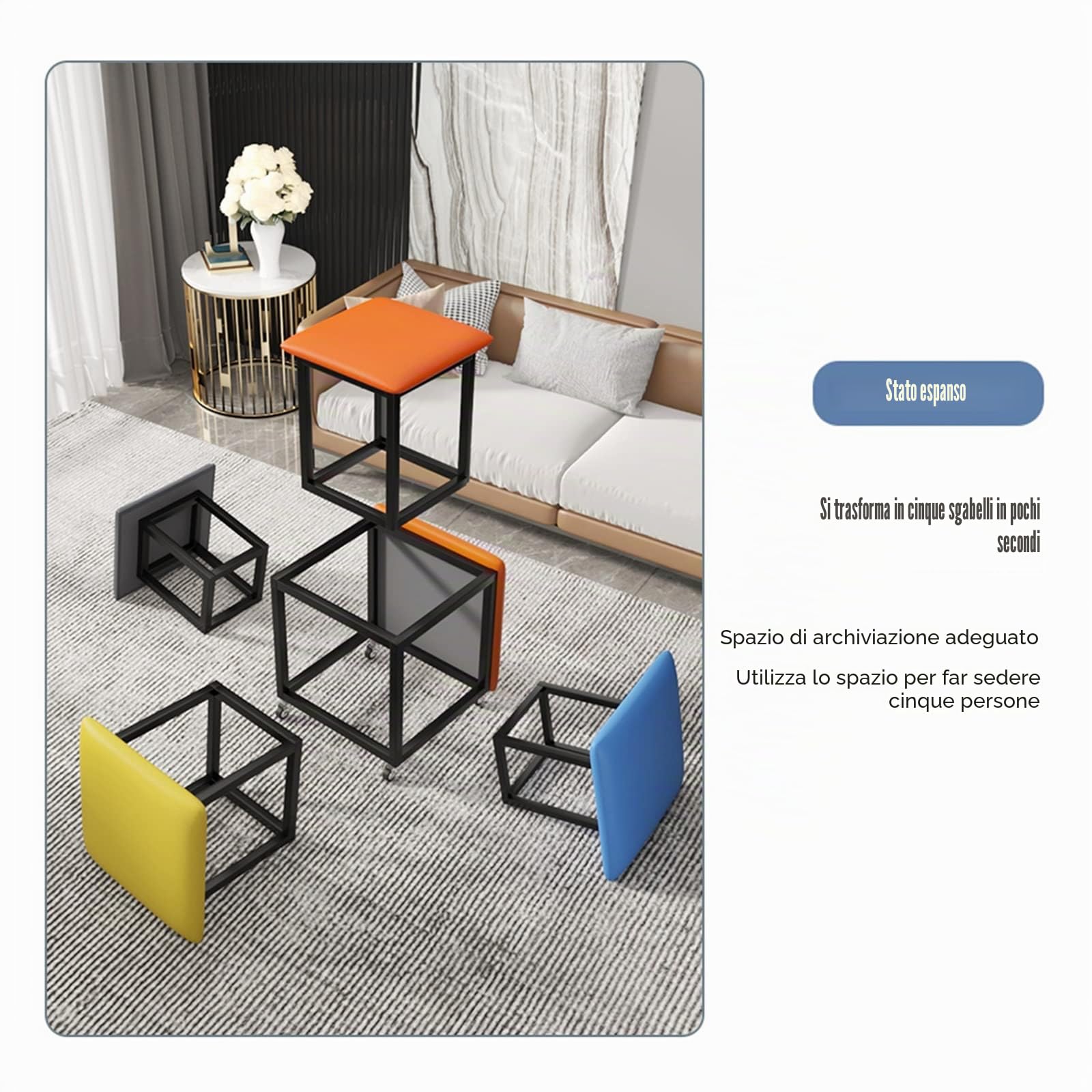 Trasforma il tuo spazio abitativo con la versatile poltrona ottomana 5 in 1 a cubo, impilabile con ruote girevoli e sgabello quadrato in tessuto tecnologico per soggiorno/sala da pranzo