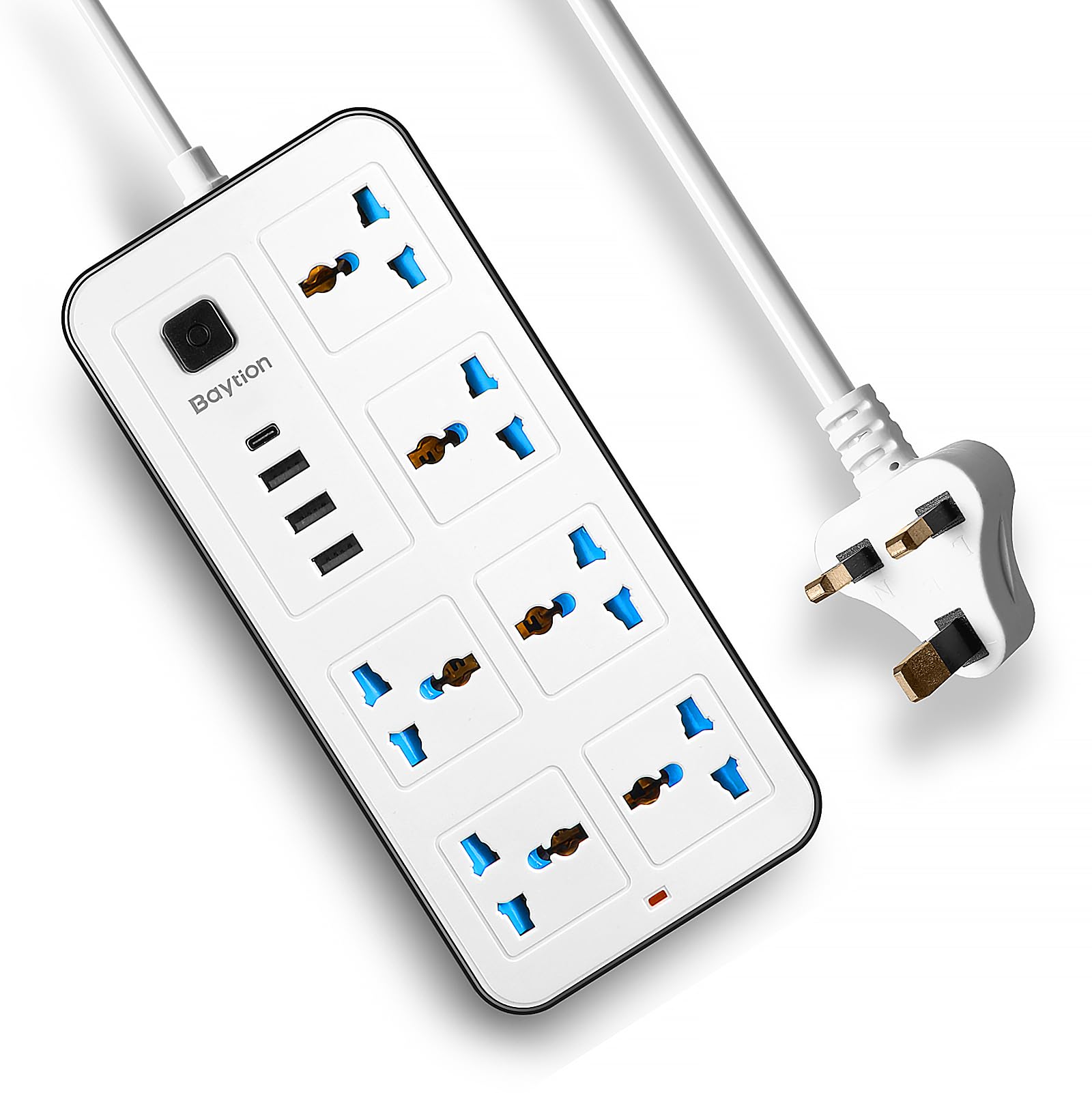 Baytion Universal Extension Lead with Multiple Function,UK Plug 3 Pin Socket Outlet with 6 Gang | 3 USB Port | 1 Type-C Port,1.8M Electric Socket Mains Strip for Home,Kitchen,and Office (White)