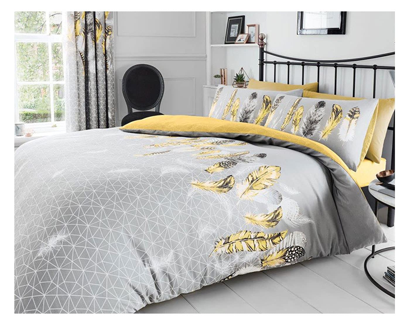 FAIRWAYUK FAIRWAUK Feathers Bedding Bed - King Size Duvet Cover Sets with Matching Pillowcase, Ultra Soft Reversible Easy Care Quilt Covers Set, Poly Cotton, Yellow 230x220cm