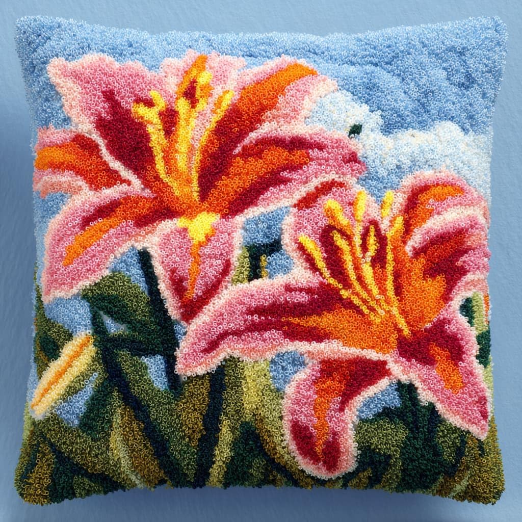 Taxpy Latch Hook Pillow Case Embroidery Kits, Lily Flowers DIY Needlework Latch Hook Cushion Cover Kits,Sofa Cushion Cover,17x17inch