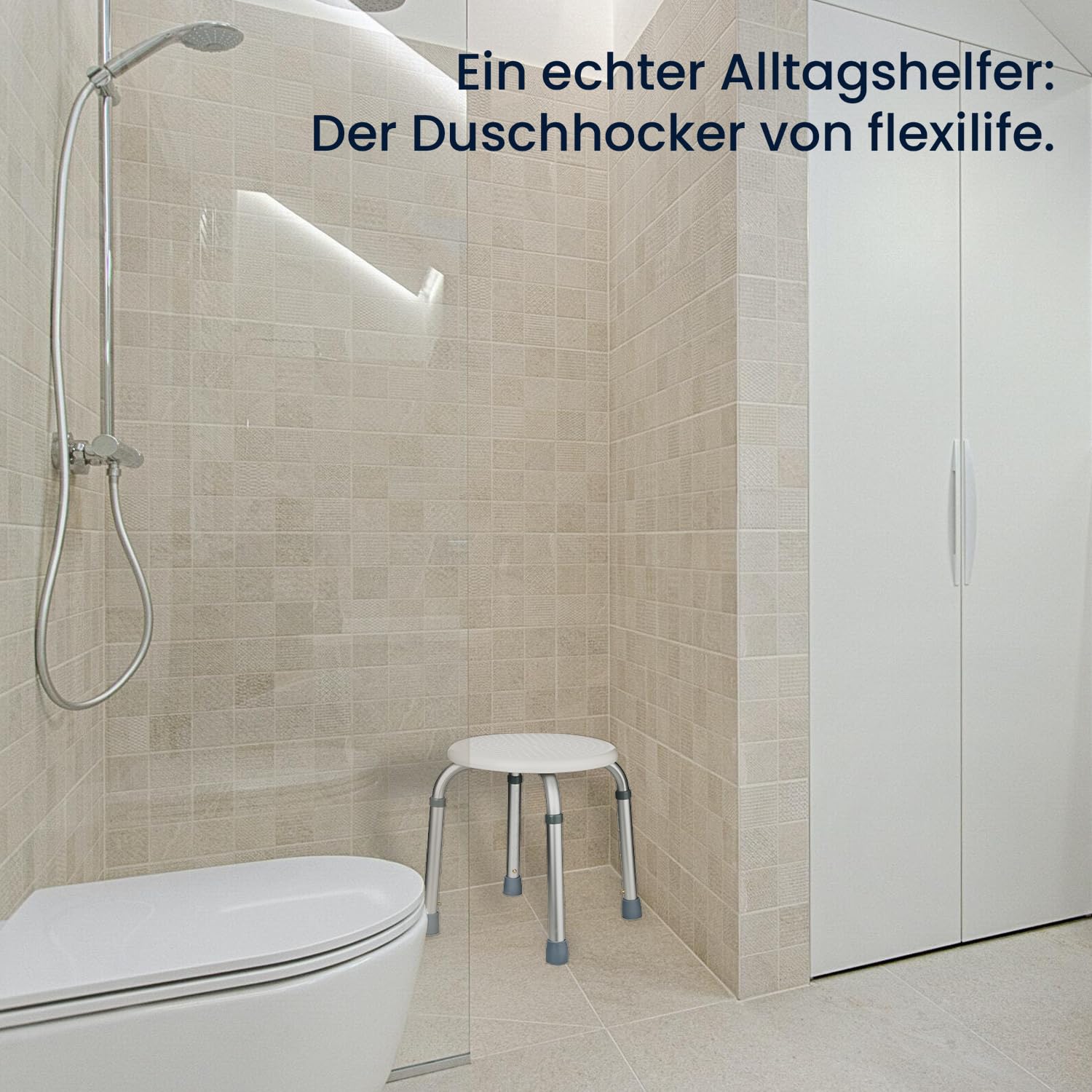 flexilife Duschhocker rund für Senioren, Duschsitz eckig höhenverstellbar, Bad Hocker weiß - Badezimmer Stuhl- Badhocker für die Dusche (rund)