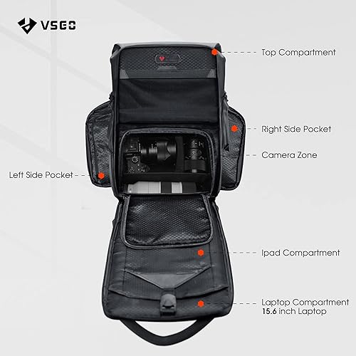 Miniatura 2 de VSGO Mochila impermeable para cámara, compartimento para laptop de 15.6 pulgadas con cubierta para lluvia, compatible con cámara Sony Canon, Nikon,