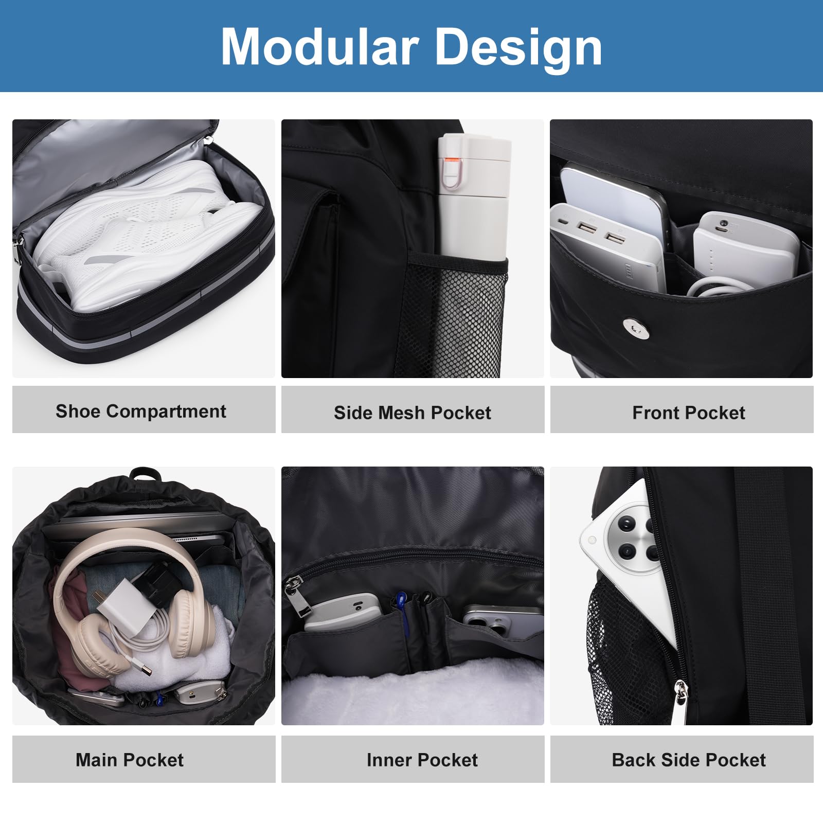 MOSISO Bolsa de Gimnasio para Mujerr y Hombre, Mochila Deportiva con Cordón con Compartimento para Zapatos&Bolsillo Frontal, Bolsa Viaje para Fitness para Viajes Deportes Yoga, Negro