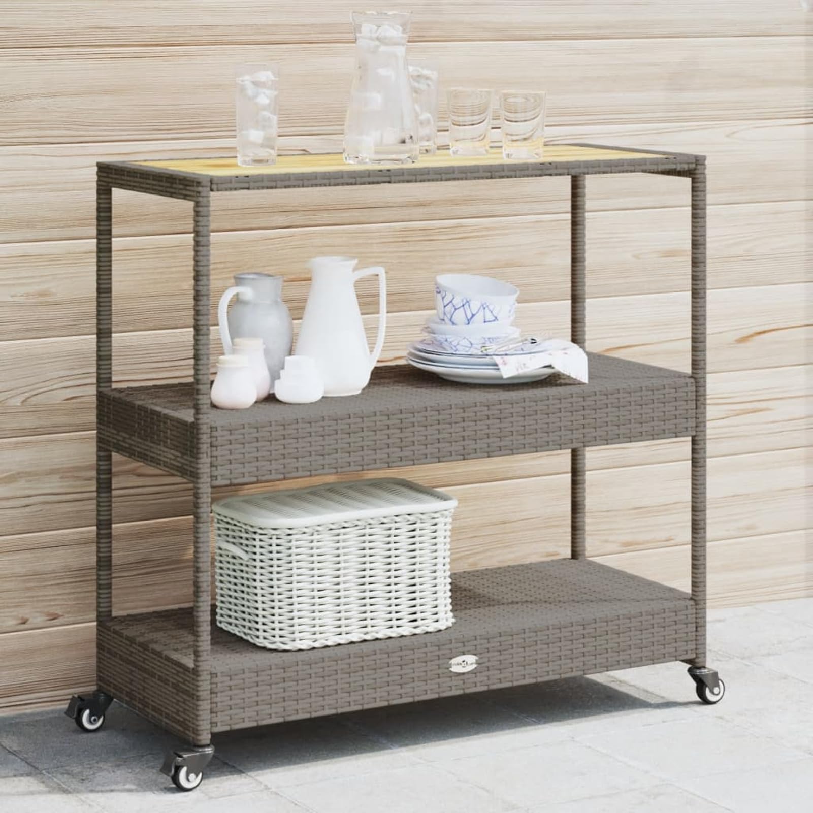 Carrello da Bar 3 Livelli Grigio Polyrattan e Massello Acacia,Carrello Portaoggetti da Cucina,Carrello Portaoggetti,Carrello Salvaspazio-368724