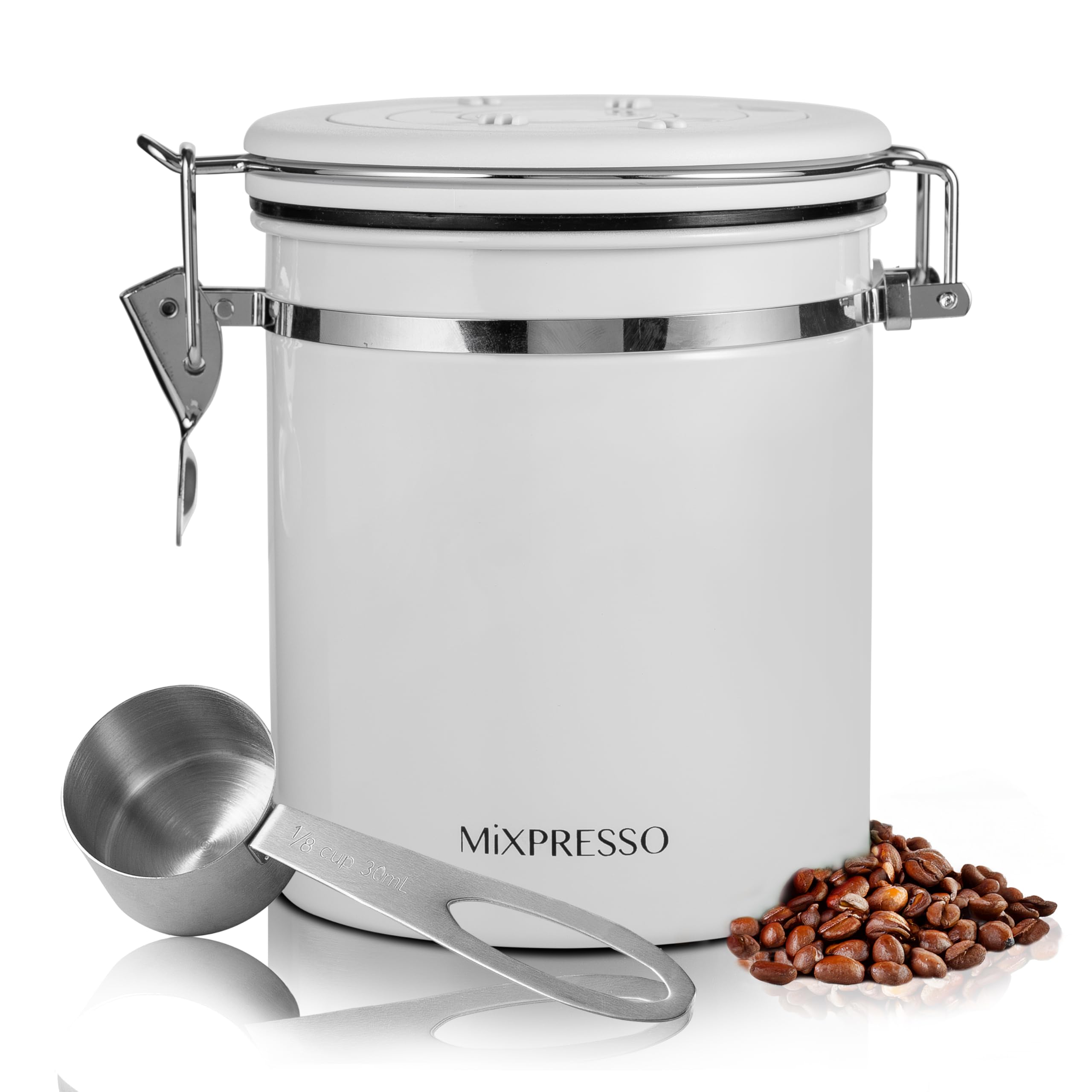 Mixpresso 16 Oz White Coffee Canister, Stainless Steel Airtight Coffee Container, Air tight Jar Tea Storage with Date Tracker, Vacuum Sealed Espresso Airtight Canister, Sugar Container for Home