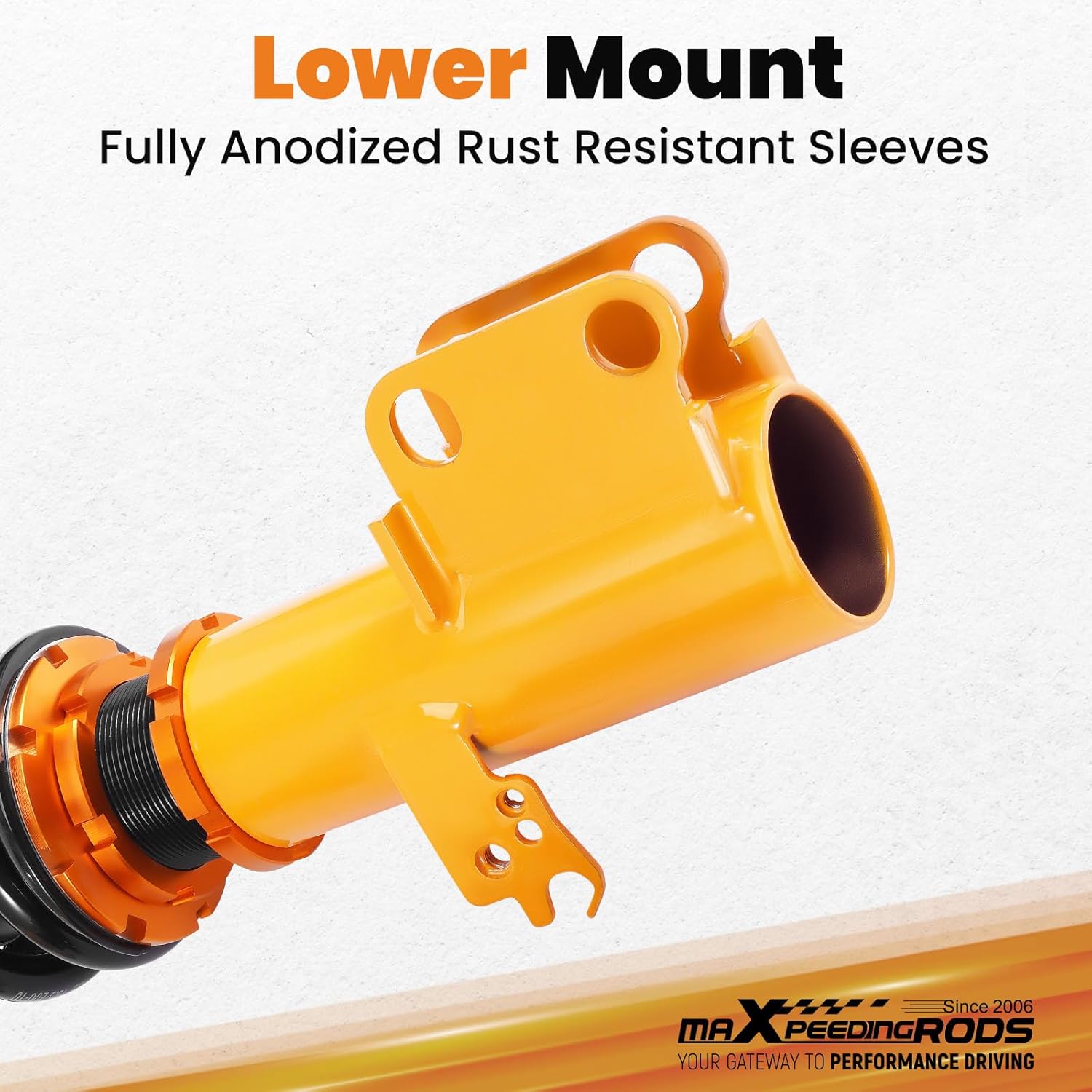 Close-up of a lower mount on a maXpeedingrods coilover strut, showing its fully anodized rust-resistant sleeves.