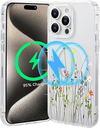 Tcaraersing Funda magnética transparente con diseño de flores para iPhone 15 Pro compatible con MagSafe, patrón floral transparente a prueba de