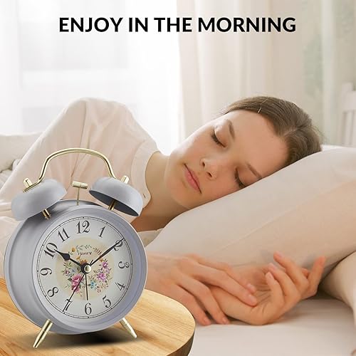 Miniatura 2 de Reloj despertador de doble campana de 4 pulgadas, luz nocturna, reloj de escritorio, despertador para dormitorio (gris rural)