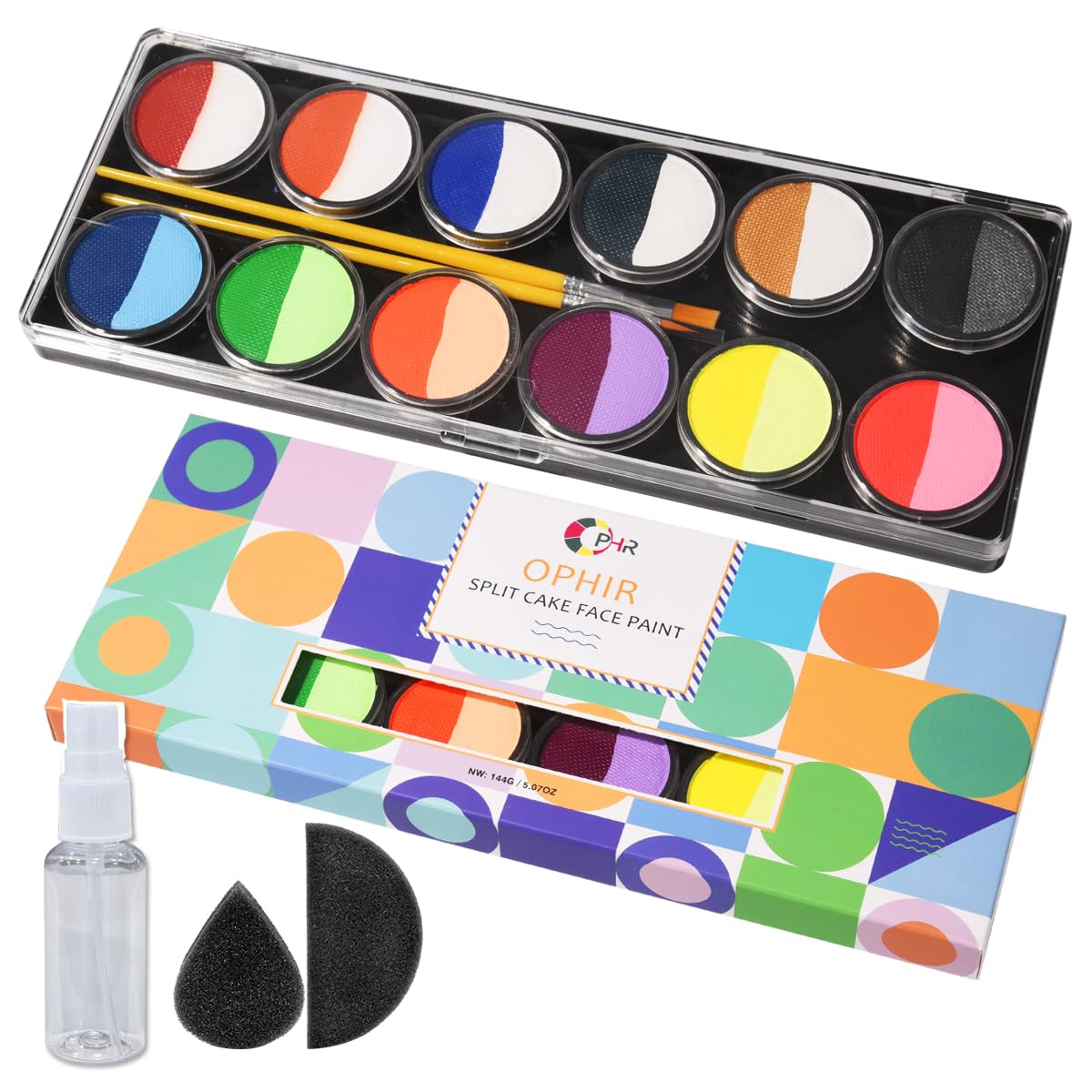 OPHIR Facepaint Makeup Kit for Kids, Double Colors Face Paint Palette, Water-Based Professional Face Paint, Split Cake Face Paint with 2x Painting