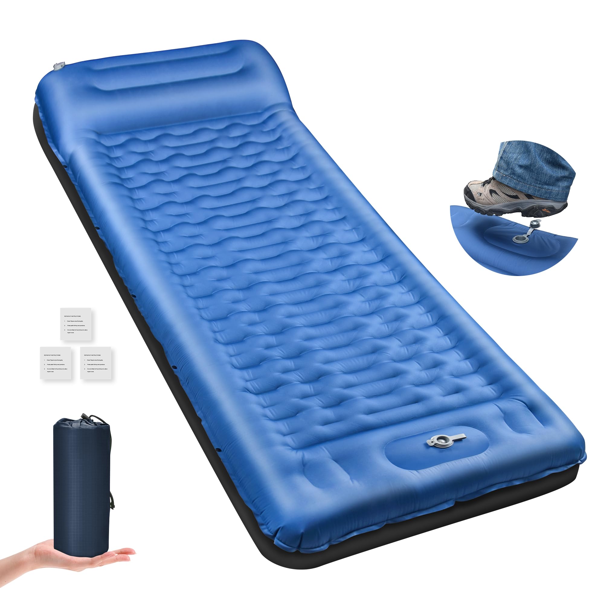 NAPASA Camping Sleeping Pad, 6.8'' Extra Thickness Reinforced Sleeping Pad for Camping with Pillow Built-in Foot Pump, 79 * 28IN Ultralight Self Inflating Air Mattress Mat for Backpacking Hiking Tent