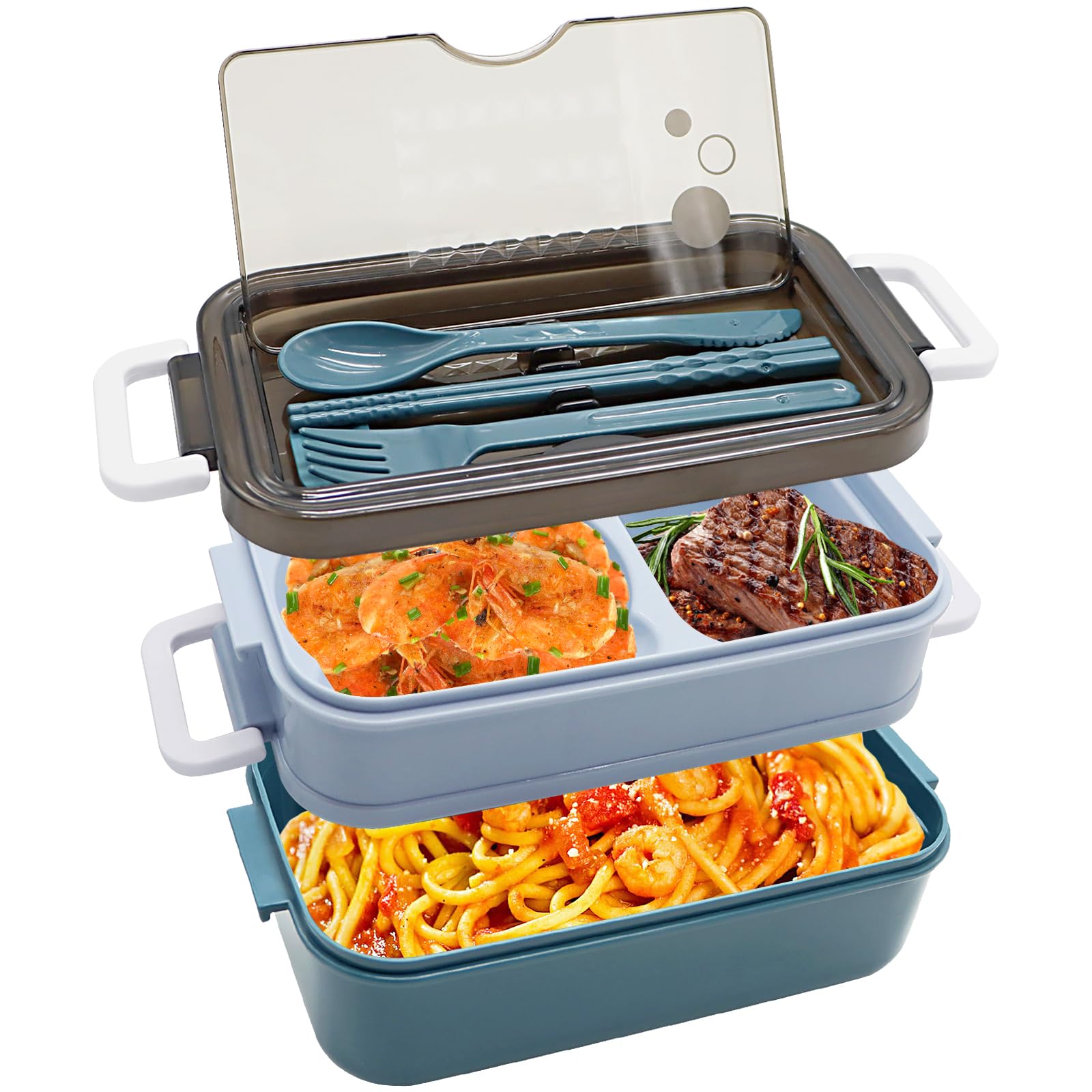 Aleker Bento Lunch Box, 1400ml Bento Box with Cutlery, Stackable Lunch Box with Compartments, Pack Lunch Box with 2 Layer 3 Compartments, Leak Proof Meal Prep Containers for Kids and Adults
