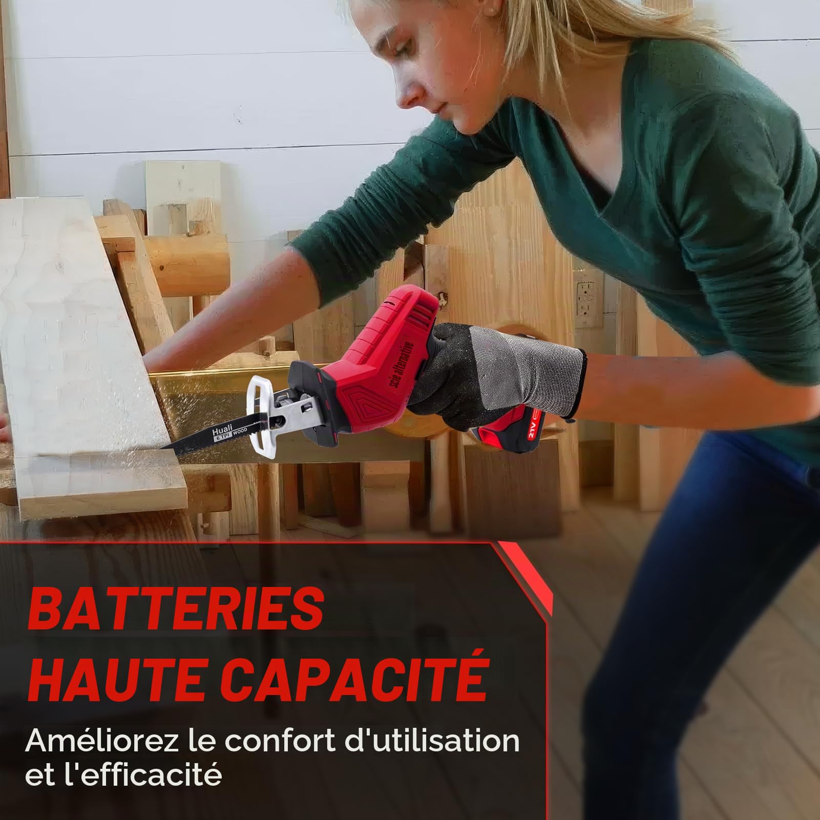 Scie sabre sans fil 21V – Moteur brushless, vitesse variable 0-4000 tr/min, 2 batteries 2.0Ah, 8 lames, éclairage LED et chargeur rapide. Idéale pour bois, métal et PVC – Couleur Rouge.