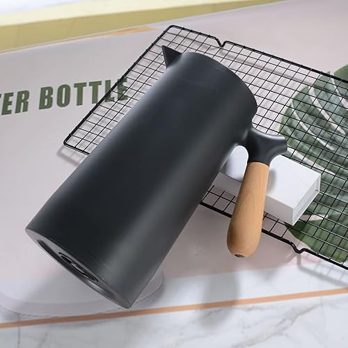 Miniatura 7 de Jarra térmica de café de 1 litro, botella aislada con mango de madera, dispensador de café para el hogar, campamento y senderismo (negro)