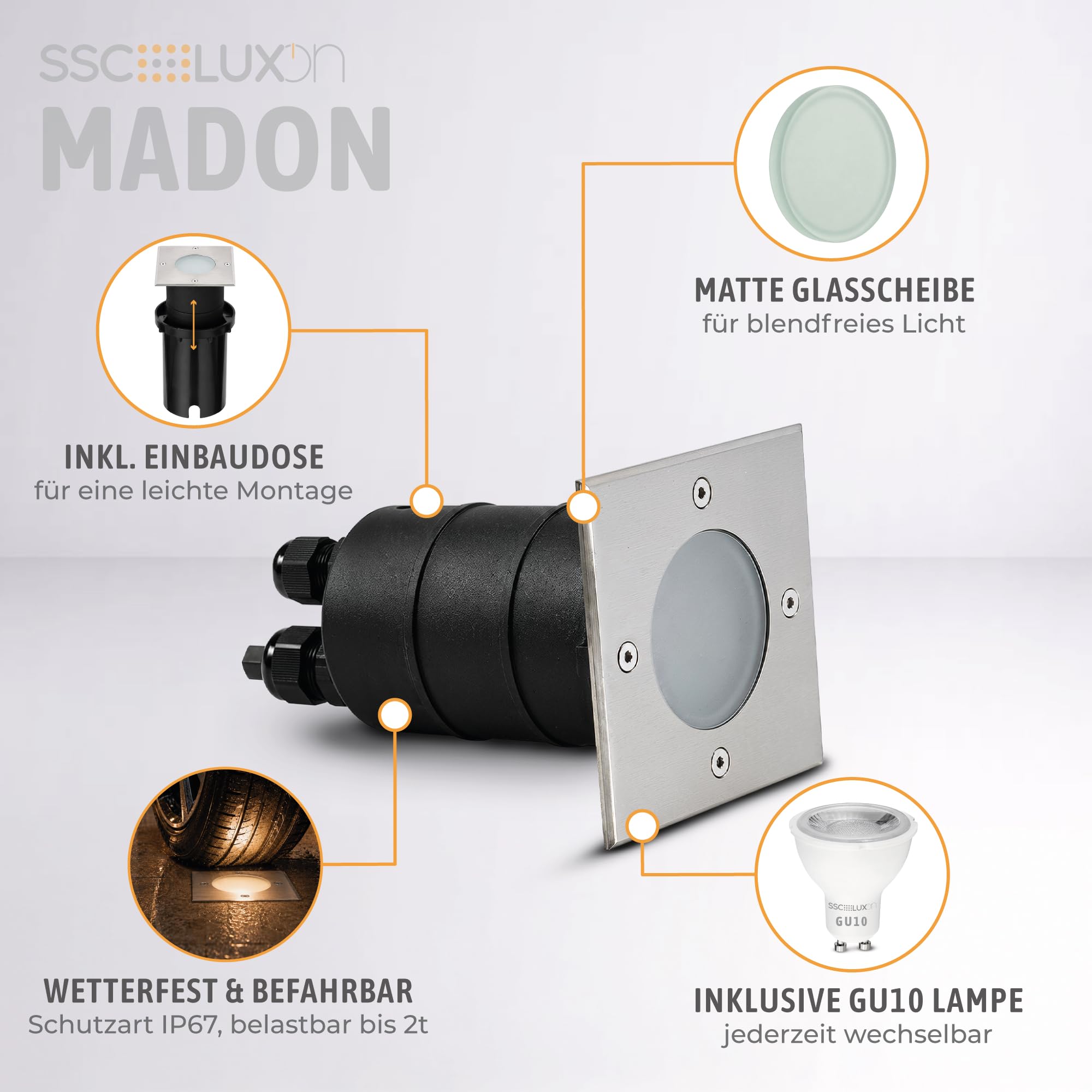 SSC-LUXon 3 Stück MADON LED Bodeneinbaustrahler Aussen eckig IP67 - mit 3x LED GU10 3W neutralweiß - Bodenstrahler Spot 230V befahrbar