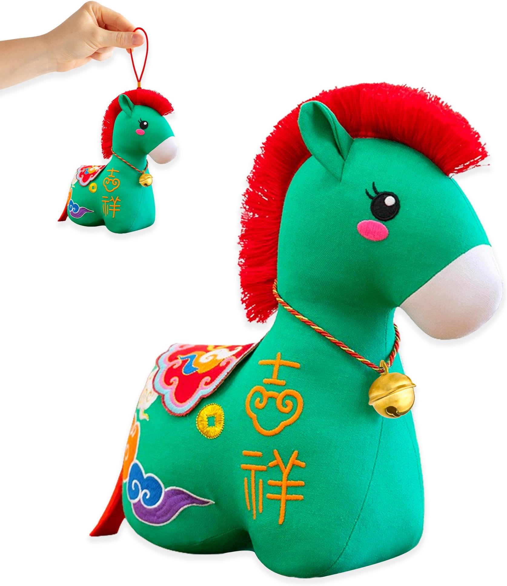 2026 Chinese New Year Lucky Horse Hanging Ornament with Tassels Embroidery Craft Zodiac Horse Hanging Charm Lunar New Year Chinese Gifts Feng Shui Prosperity Wealth Blessing Hanging Decor (Green)