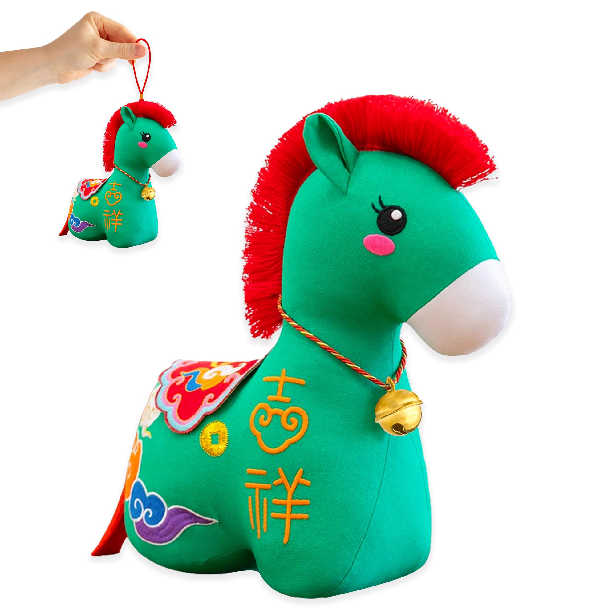 2026 Chinese New Year Lucky Horse Hanging Ornament with Tassels Embroidery Craft Zodiac Horse Hanging Charm Lunar New Year Chinese Gifts Feng Shui Prosperity Wealth Blessing Hanging Decor (Green)