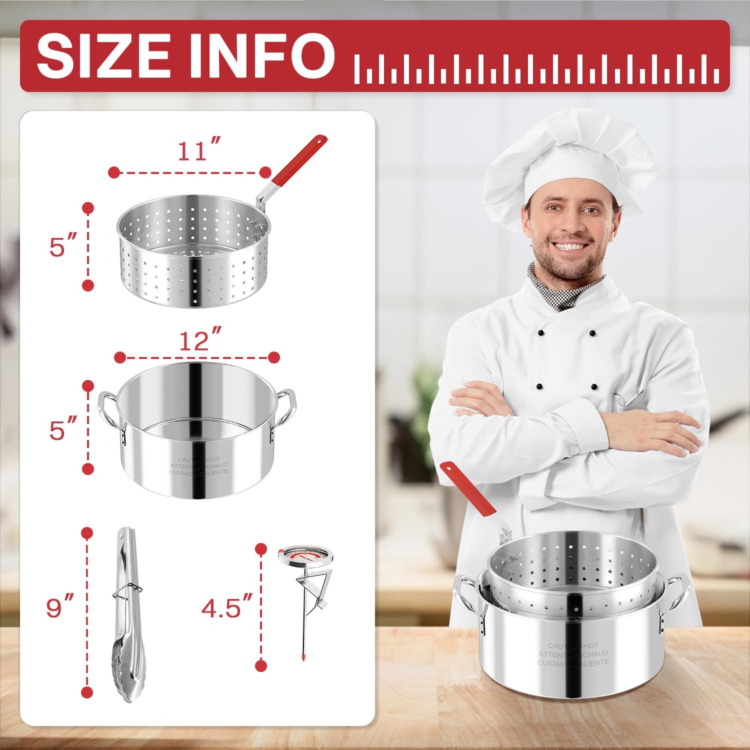 10QT Stainless Steel Deep Fryer with Basket | Fish Fryer | Frying Pot with Lid, Fryer Tong & Thermometer | Not Compatible with Induction or Electric Stoves | Perfect for Outdoor Use | Dishwasher Safe