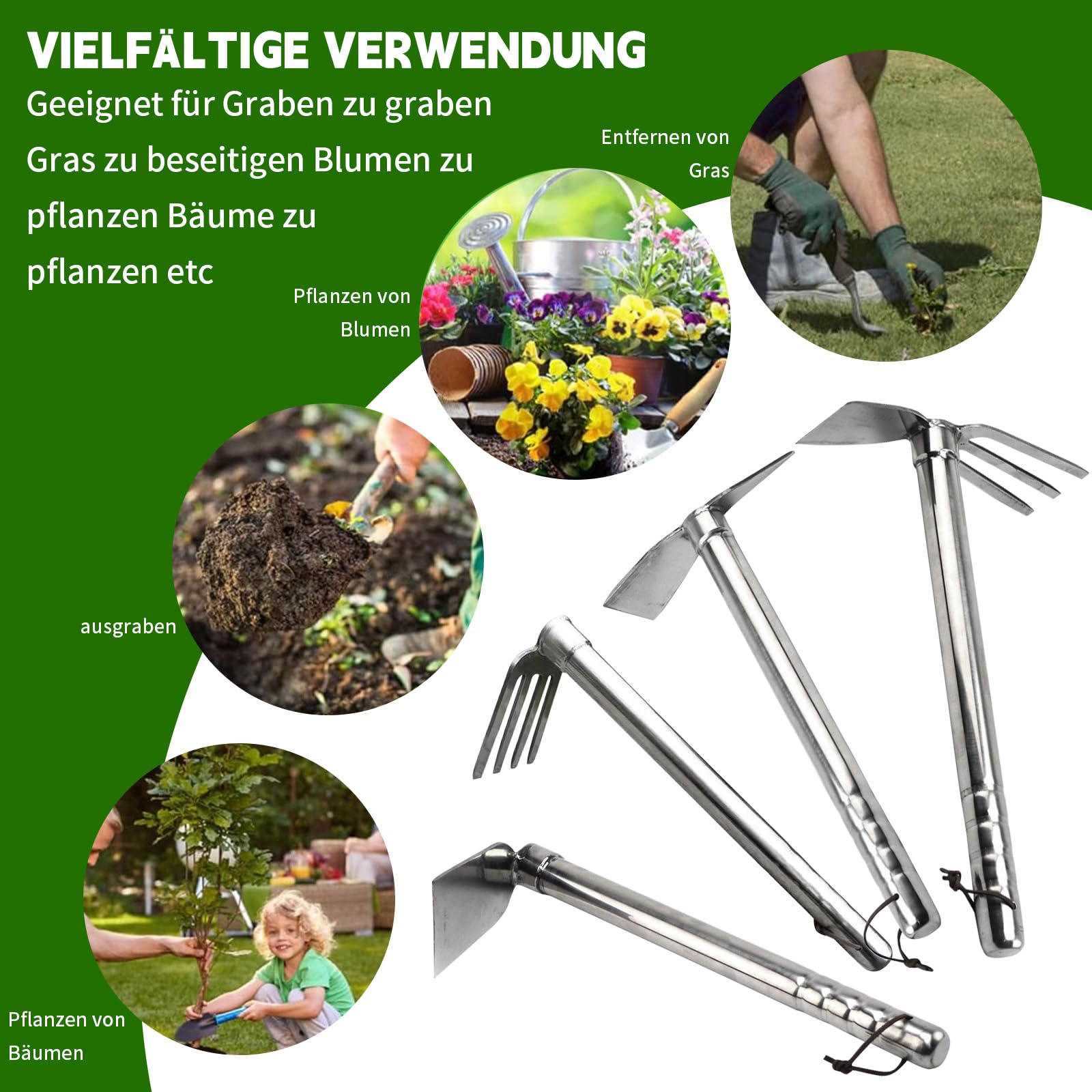 Unkraut Entferner Gerät Edelstahl, Unkrautjäter Unkrautzieher Unkrautmesser Wurzelstecher Entferner Gerät Unkraut Stecher Harke, Fugenkratzer Mit Stiel Gartenwerkzeug (40 cm,Vierteiliges Set)