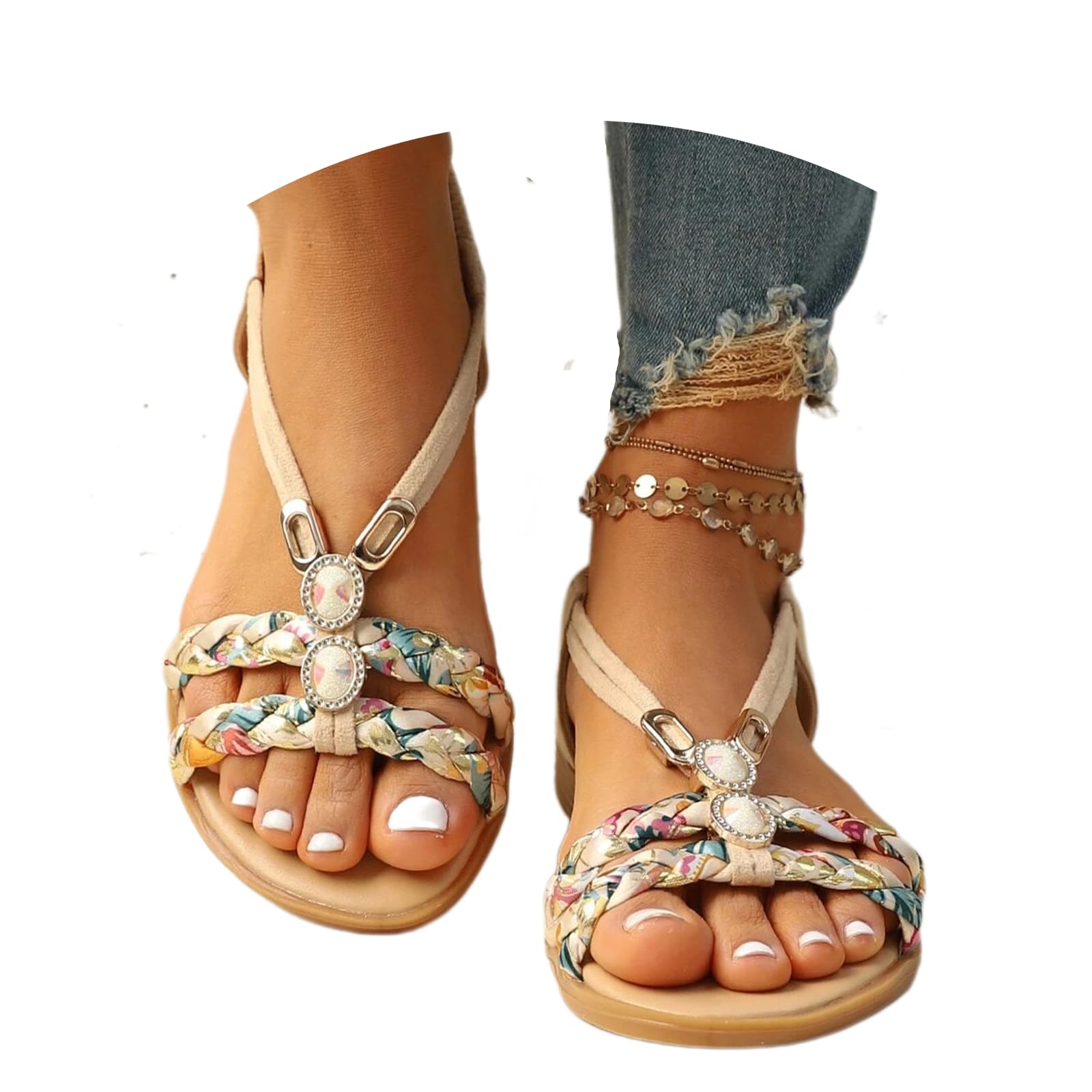 Casual Bohemian Beach Sandals Orthopedic Wedge Sandal for Women Ankle Strap Flip Flops Open Toe Jeweled Flat Sandals 2025