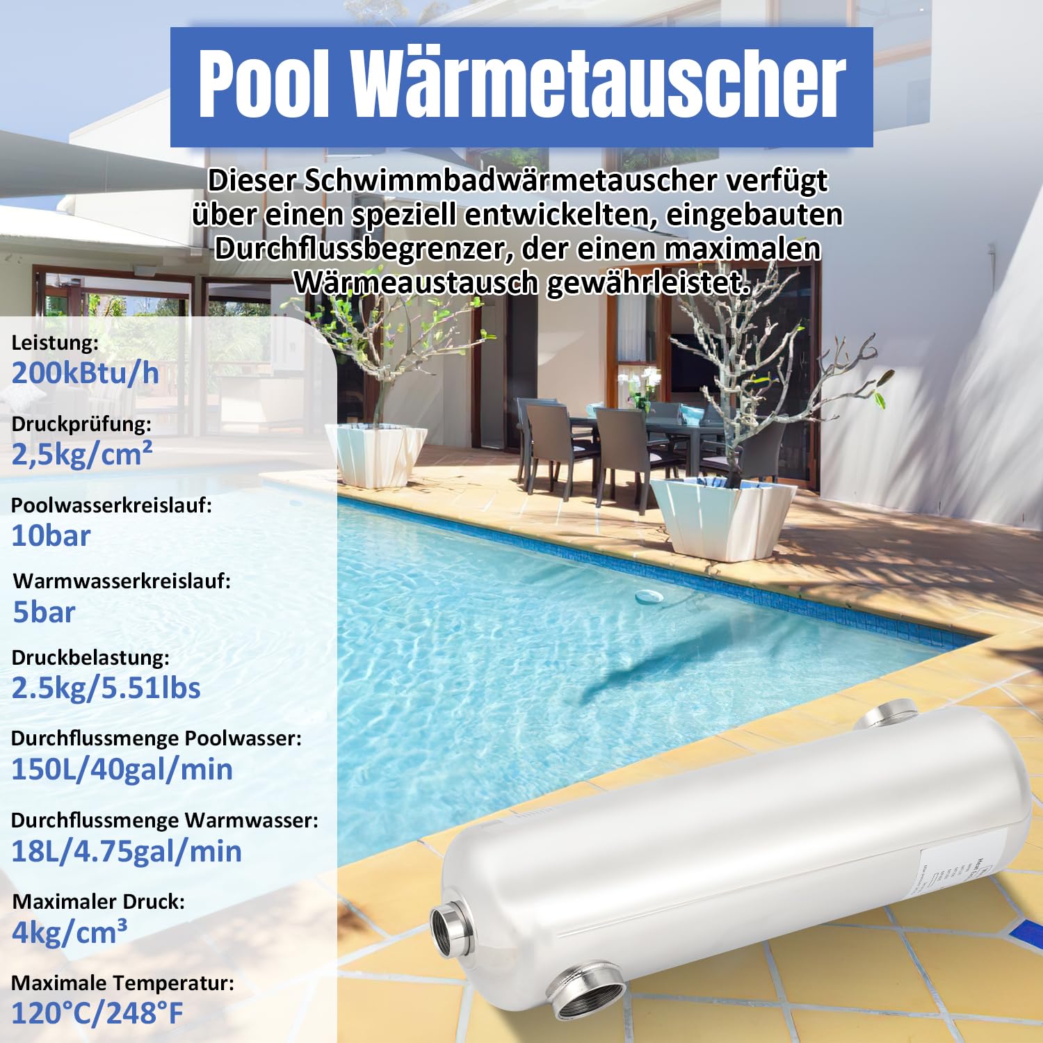 Edelstahl Schwimmbadheizer 60kW Wärmetauscher Pool 150 L/min Durchfluss 18 L/min Heißwasser