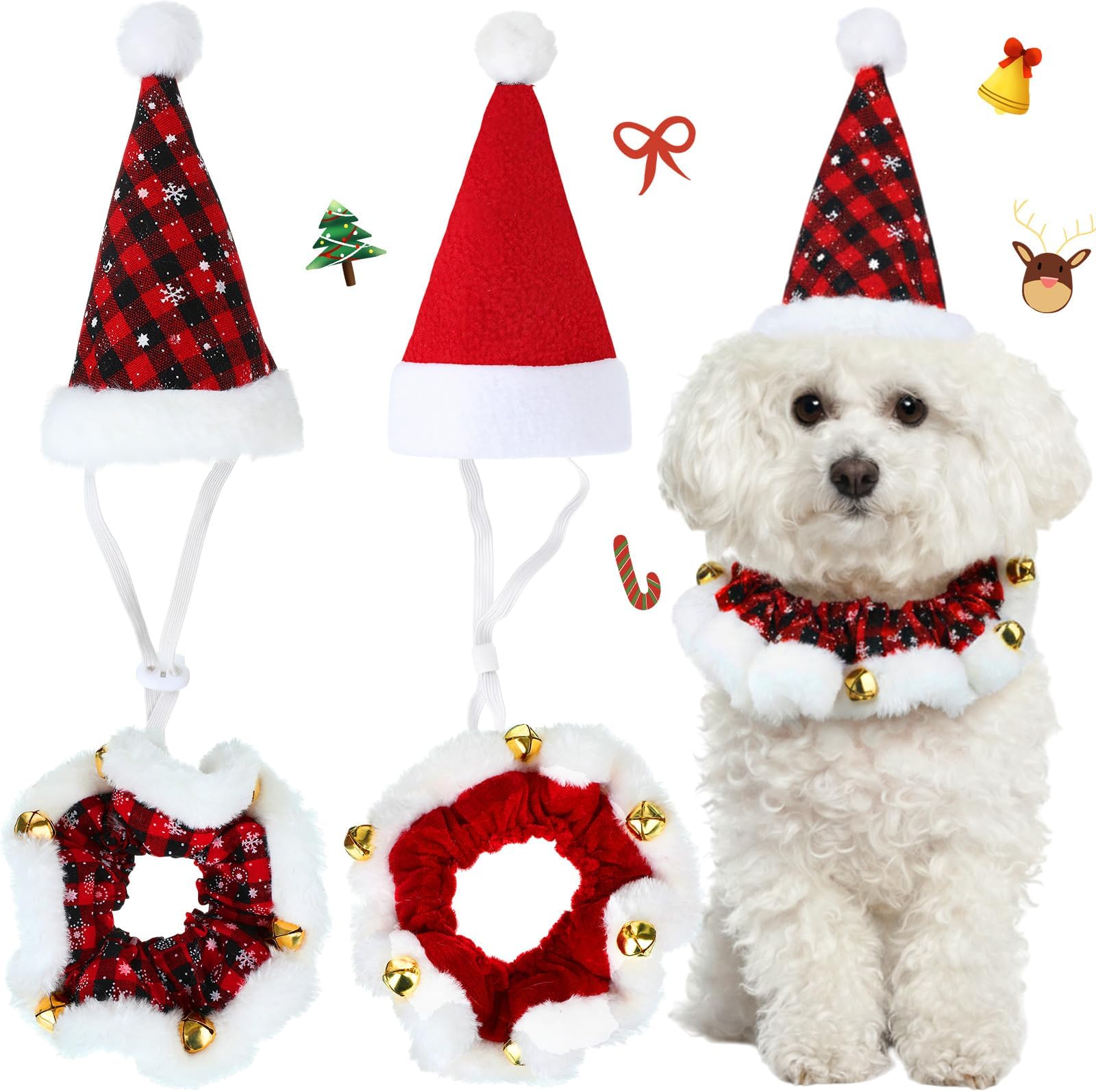 Sadnyy 4 Pack Dog Christmas Outfits Pet Dog Santa Hat and Christmas Collar with Bells Ornaments Xmas Holiday Outfit Costume Clothes Adjustable Hats Neckwear for Small Large Dogs Pets Cats(Small)