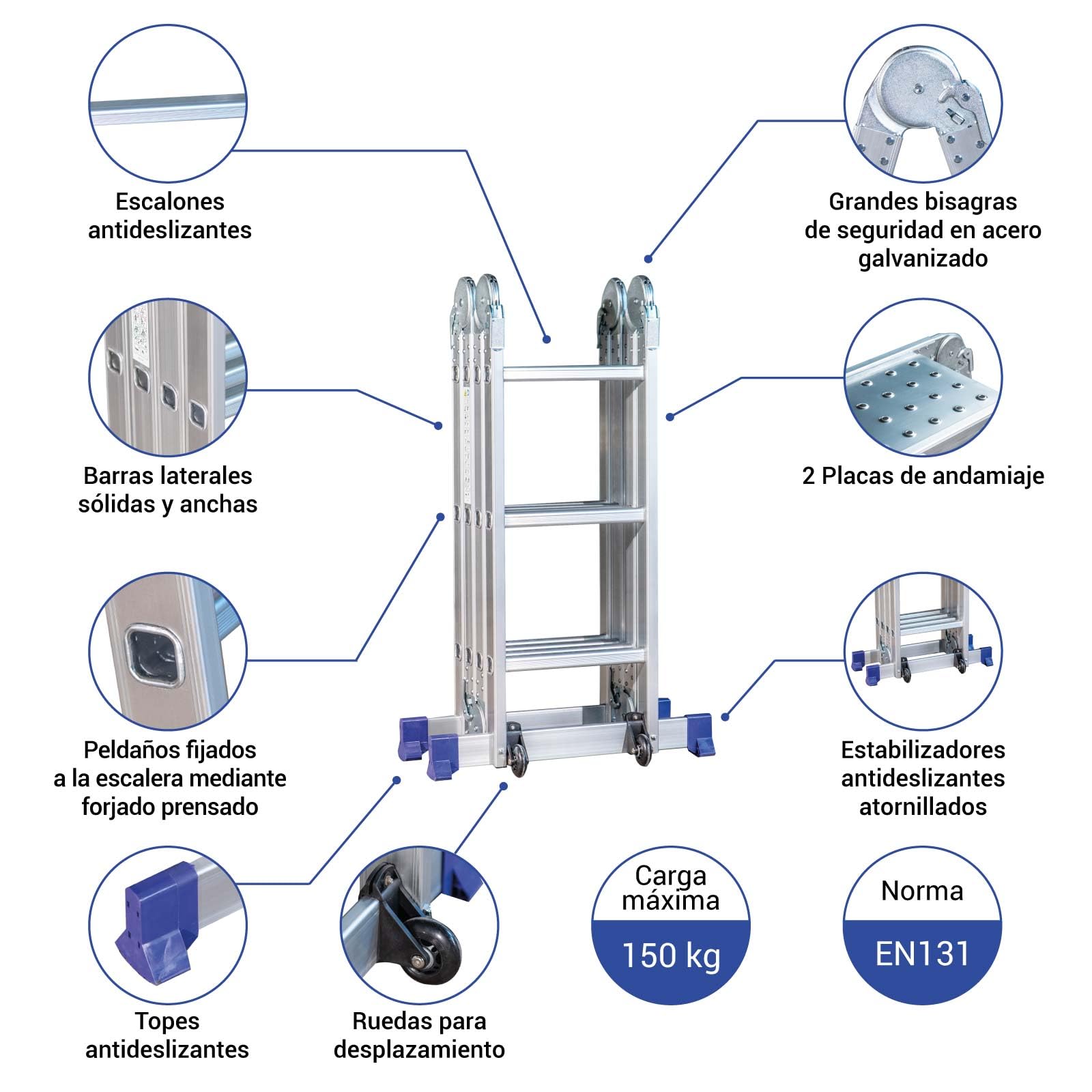 HOSTRÖM Escalera Plegable articulada STAVALANCE 4x3 escalones, andamio multifunción, Separador de Muro, Taburete, 2 Placas para Plataforma de Trabajo.