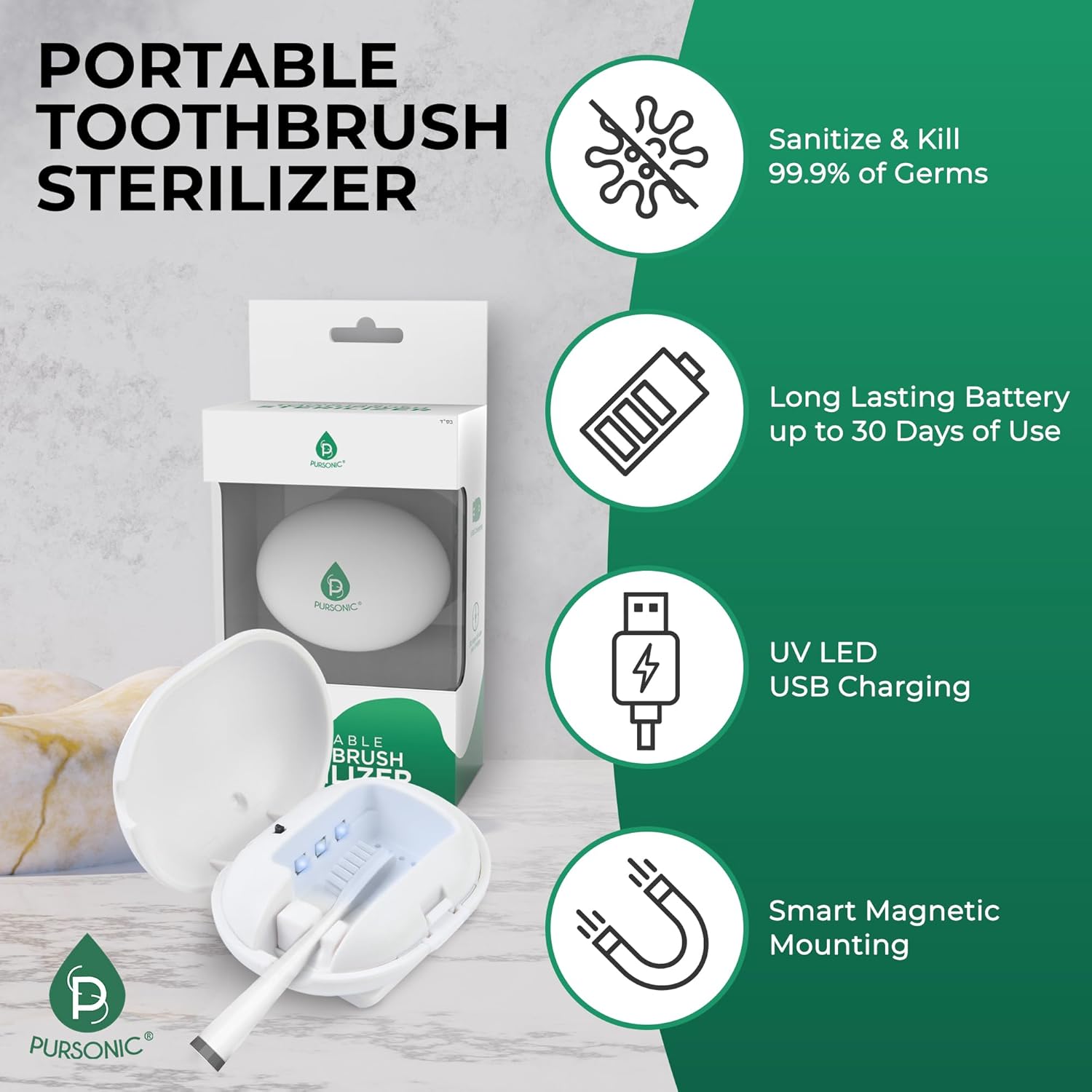 Pursonic Portable UV Toothbrush Sanitizer Case – Rechargeable Toothbrush Cleaner with UV Light & Magnetic Mounting – Compact, Hygienic & Long-Lasting (30-Day Battery) for Home & Travel (White) - Image 6