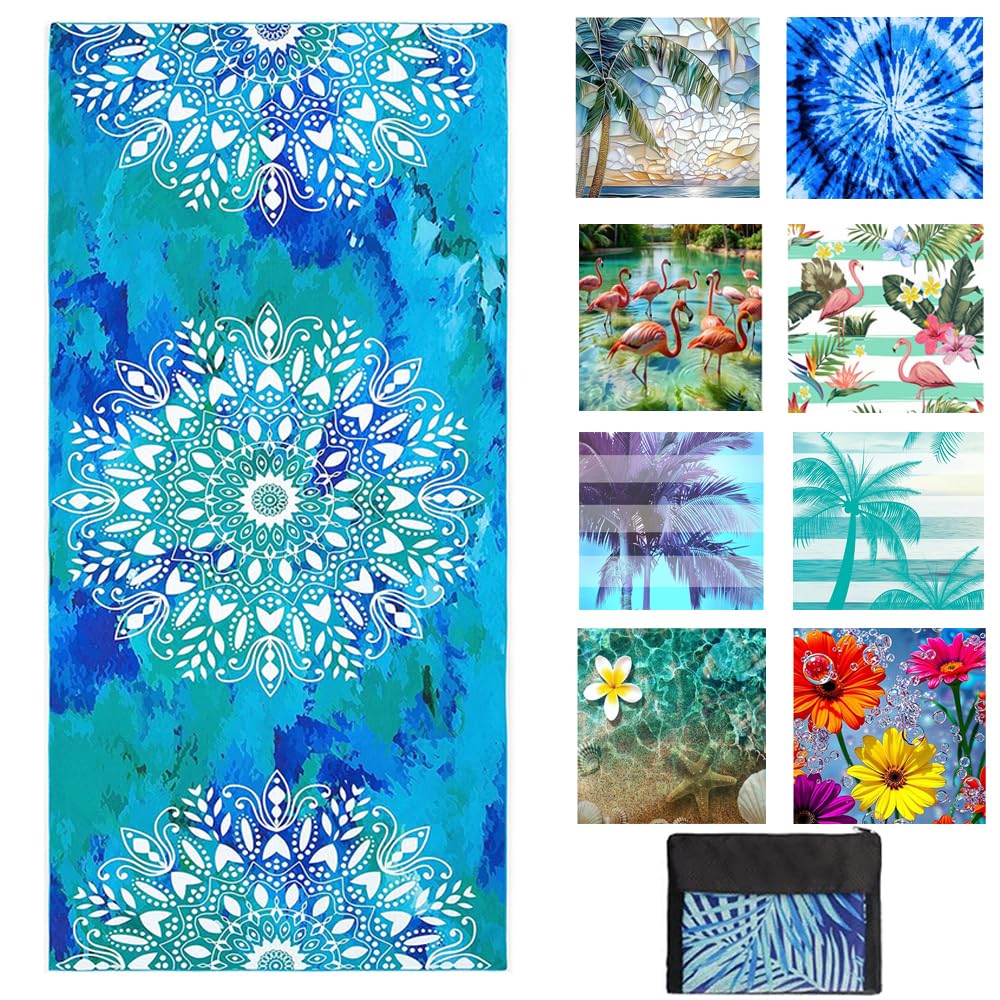 JAODFK Microfibre Beach Towel 71"X32" Quick Dry Lightweight Sand Free Extra Large Thin Towels Travel Essentials For Adults Womens Swim Bath Accessories Mats Holiday Must Haves Blue Mandala