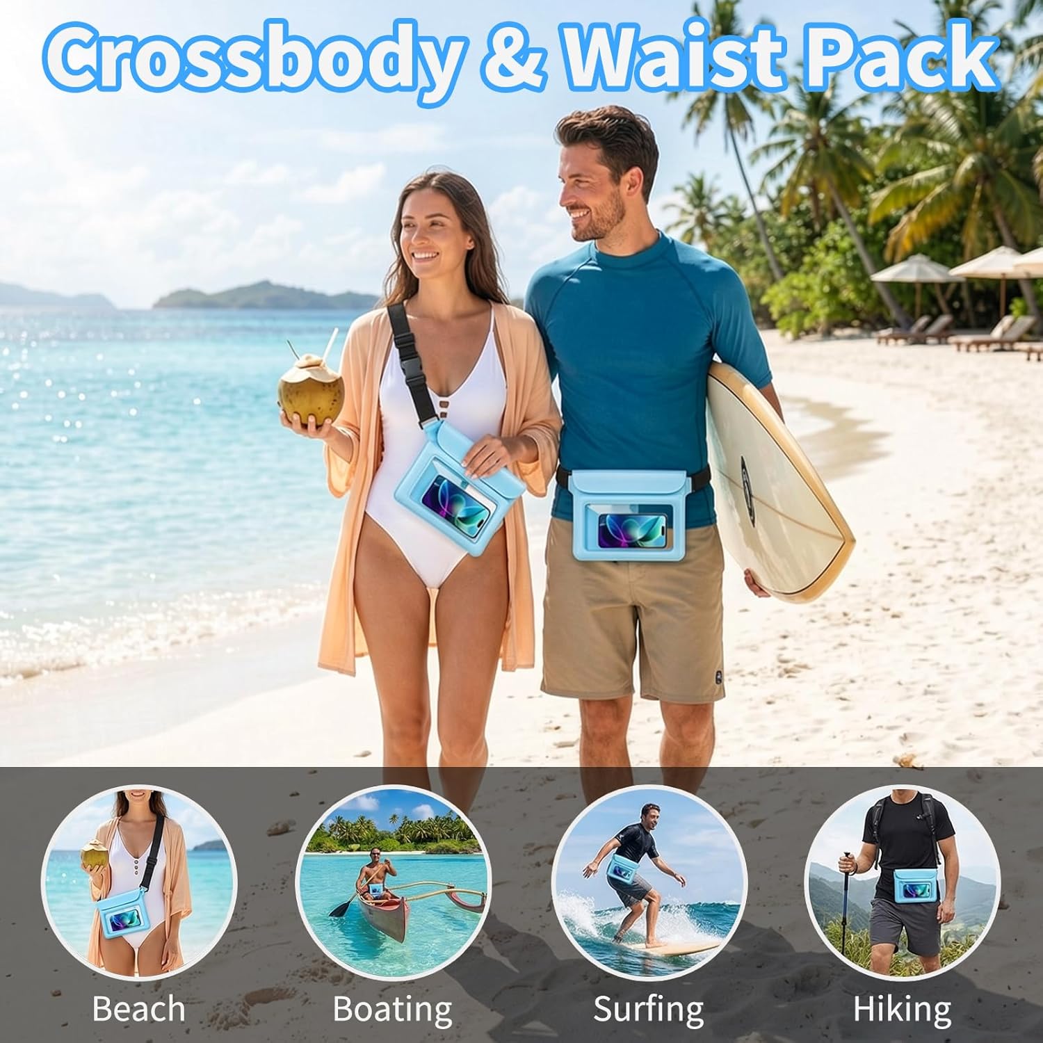 Waterproof Pouch Bag Set IPX8 2 Pcs: Blue Water Proof Fanny Pack 9.8" with Clear Window & Black Waterproof Phone Case 7" Phone Pouch, Floating Belt Bag with Crossbody Waist Strap, Cruise Essentials