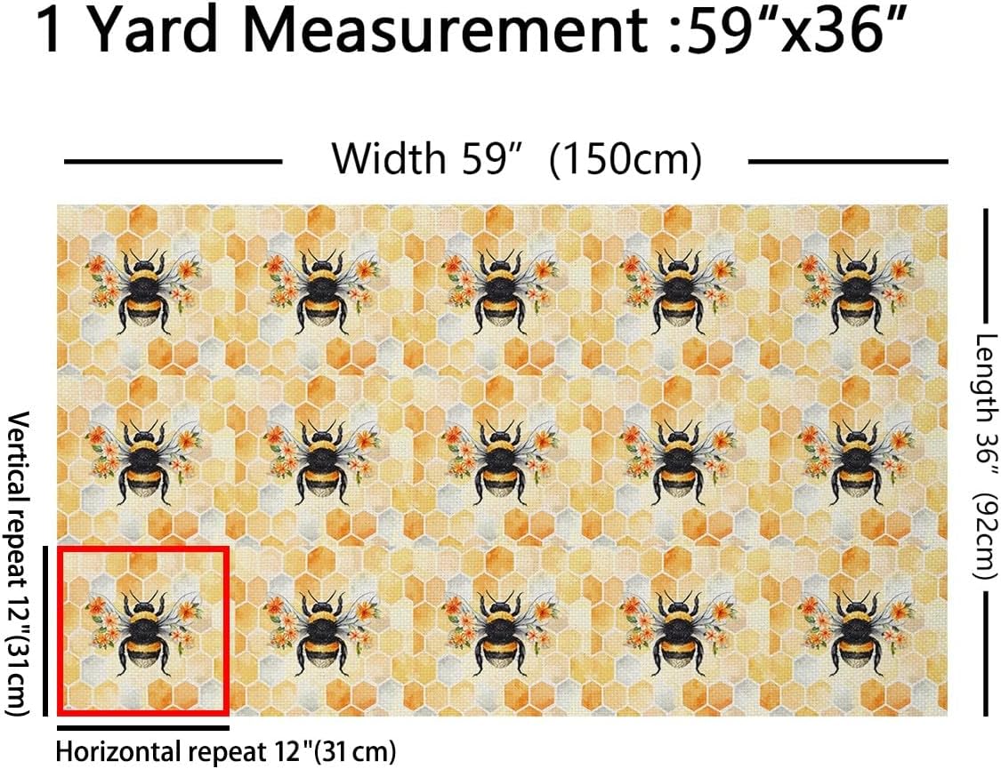 Cute Honey Bee Fabric by The Yard Honeycomb Print Upholstery Fabric Geometric Hexagon Decorative Fabric Watercolor Insect Flowers Floral Upholstery and Home Accents, 2 Yards