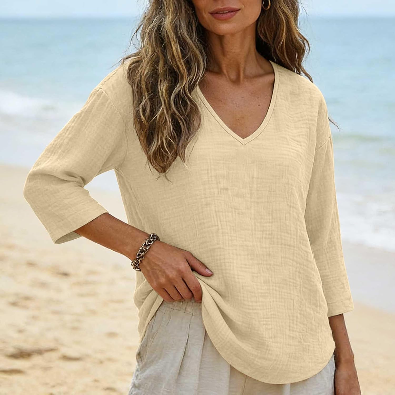 Womens Blouses 3/4 Length Sleeve Tops V Neck Shirts | 3/4 Length Sleeve Womens Tops V Neck Shirts Loose Fit Casual Blouses Early Fall Fashion Clothes Outfits
