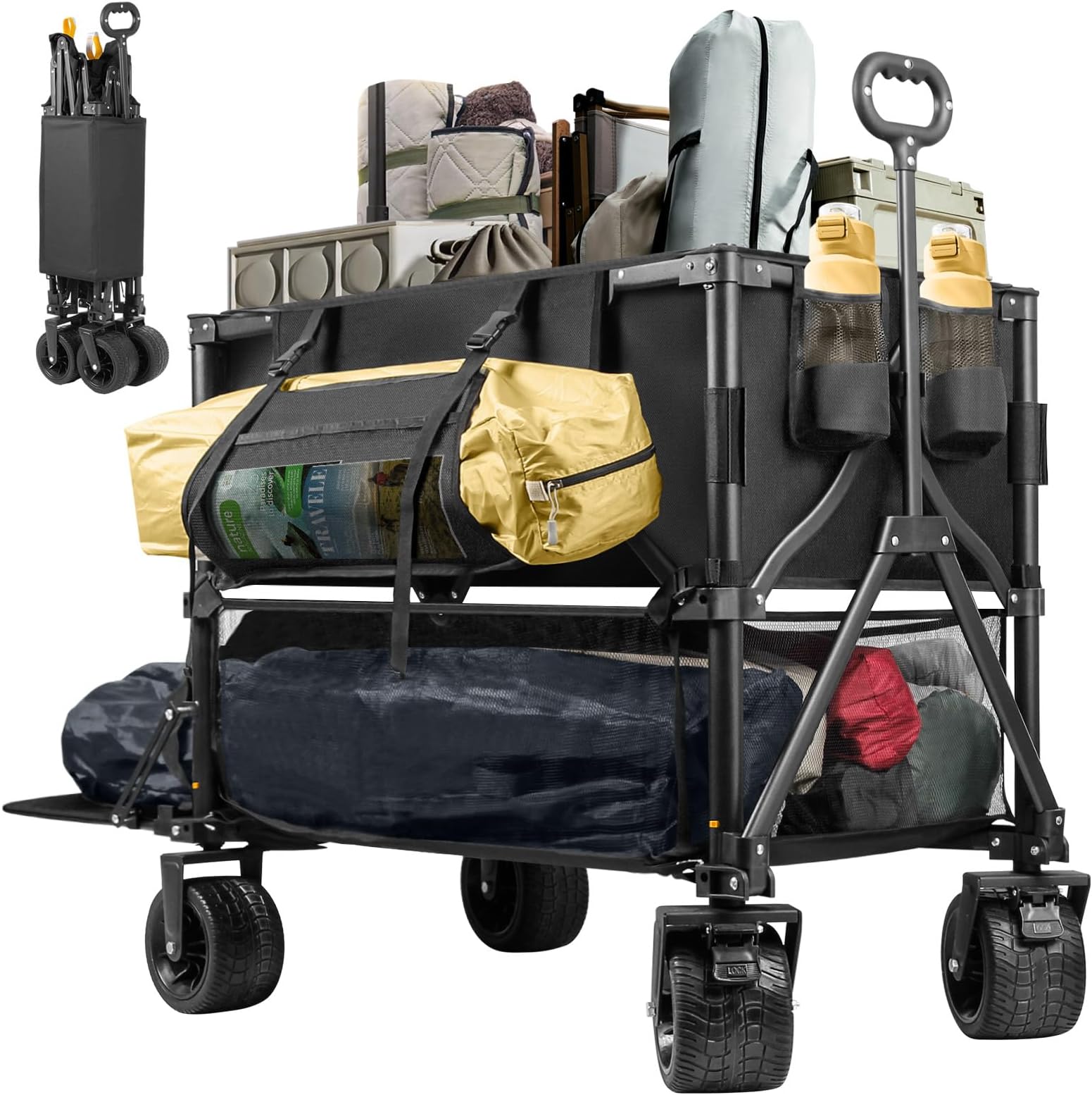 UNITON Double Decker Wagon 600lb Capacity & 400L Collapsible Sports Wagon with Big Wheels 54" Extended Utility Folding Cart for Camping Fishing & Outdoor Use