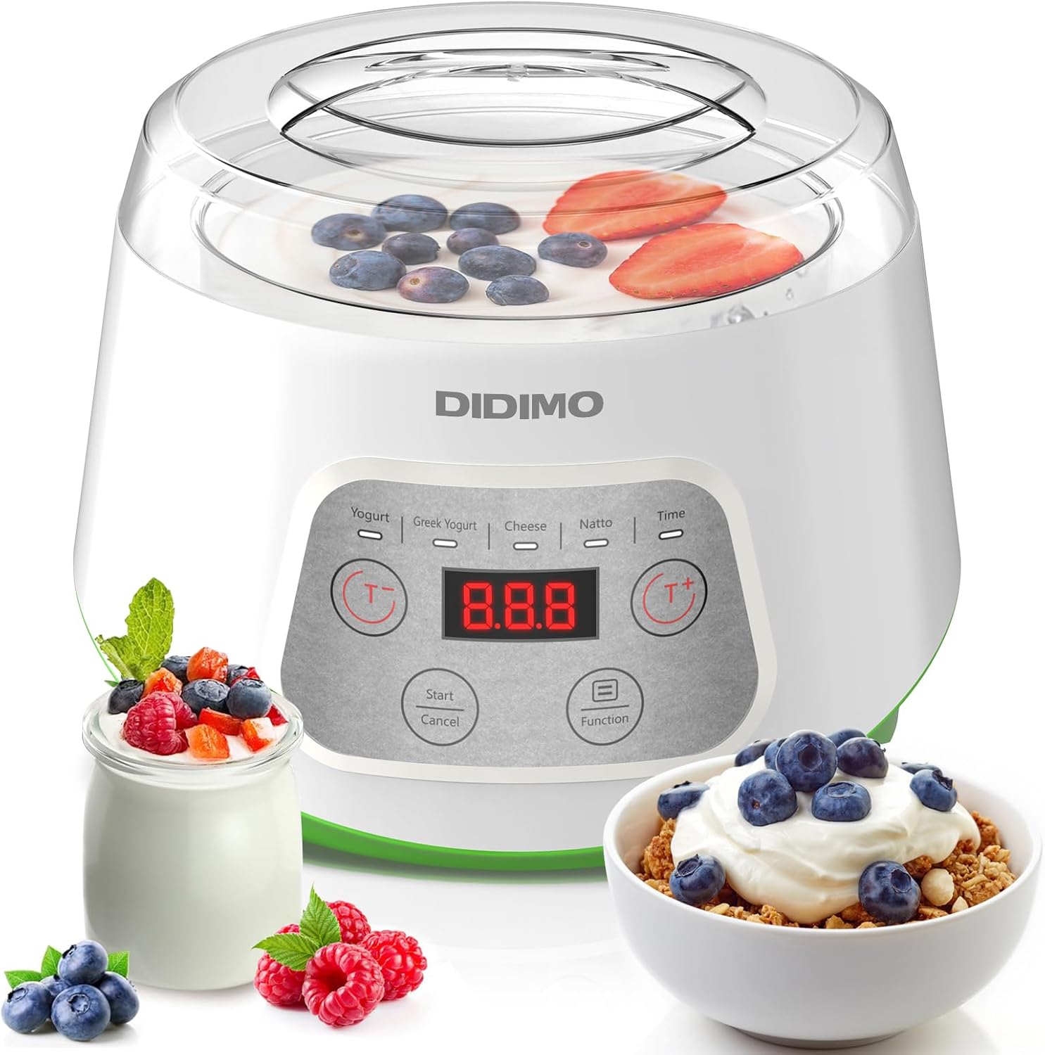 1.37QT Yogurt Maker Machine with Glass Bowl, Automatic Electric Greek Yogurt Maker with 24H Timer & Constant Temperature Control, 3-in-1 Probiotic Maker for Natto & Rice Wine