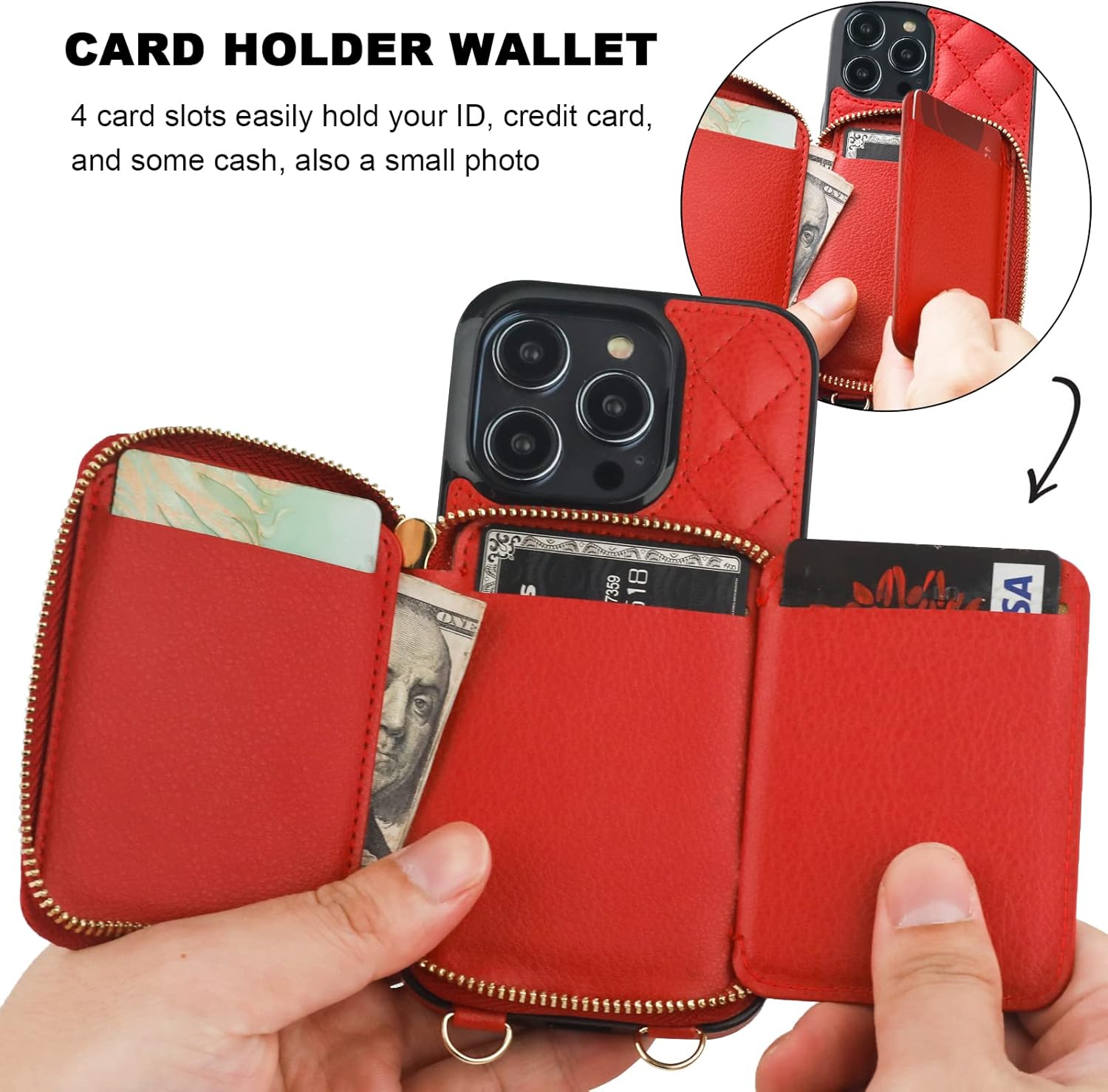 Bocasal Crossbody Wallet Case for iPhone 14 Pro, RFID Blocking PU Leather Zipper Handbag Purse Flip Cover, Kickstand Folio Case with Card Slots Holder Wrist Strap Lanyard 5G 6.1 Inch (Red)