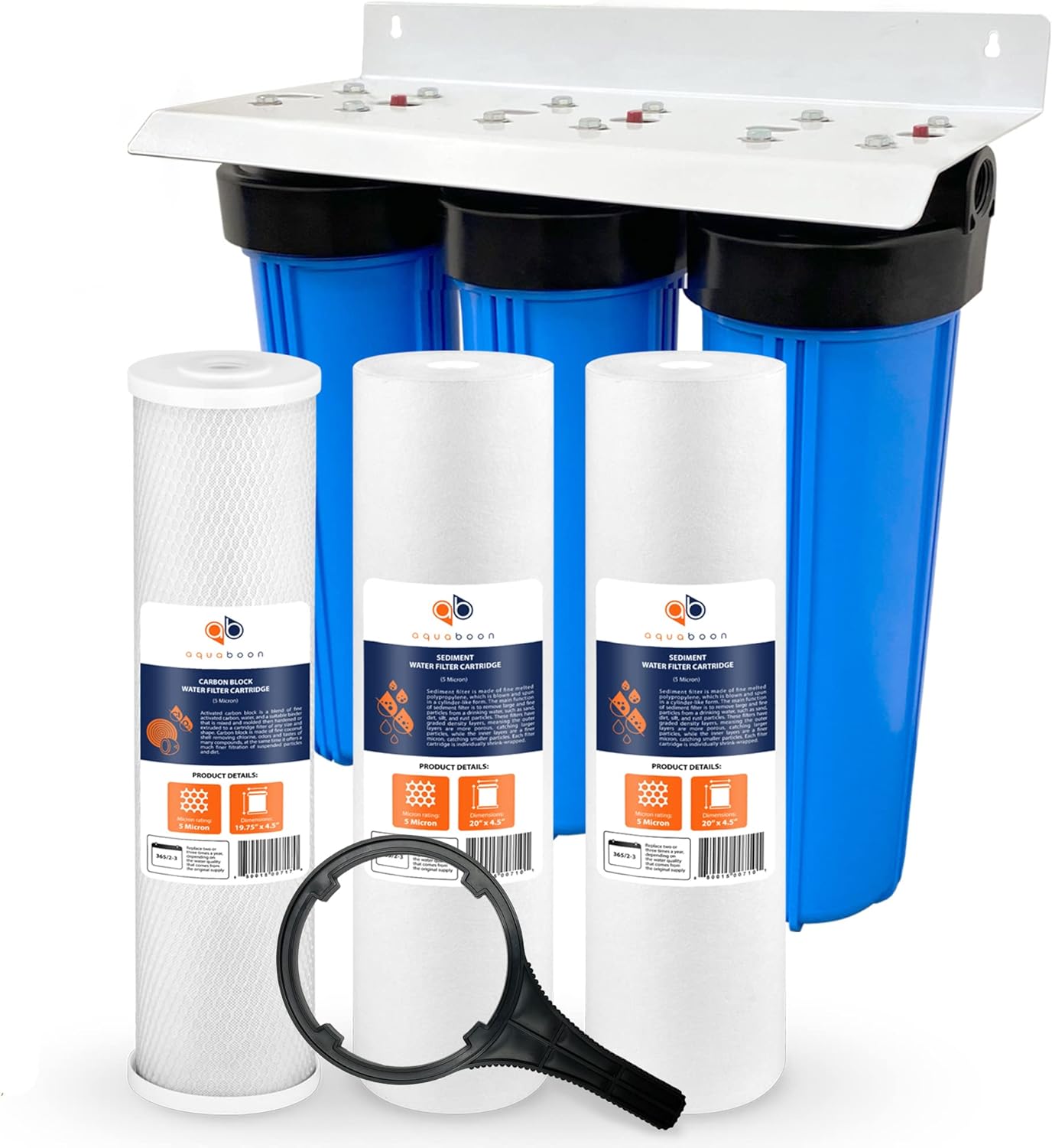 Aquaboon 20” x 4.5” 3-Stage Whole House Water Filter System (1"Port)+ Bracket+ Sediment And Carbon 5 Micron  Certified According to NSF