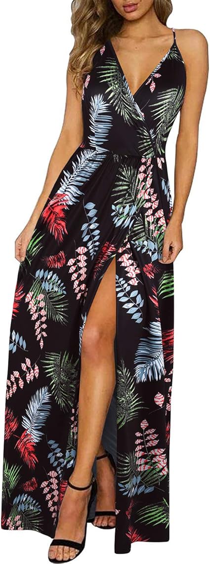 II ININ Women's 2023 Maxi Sundresses Summer Beach Long Wrap V-Neck Floral/Solid Casual Dress for Women