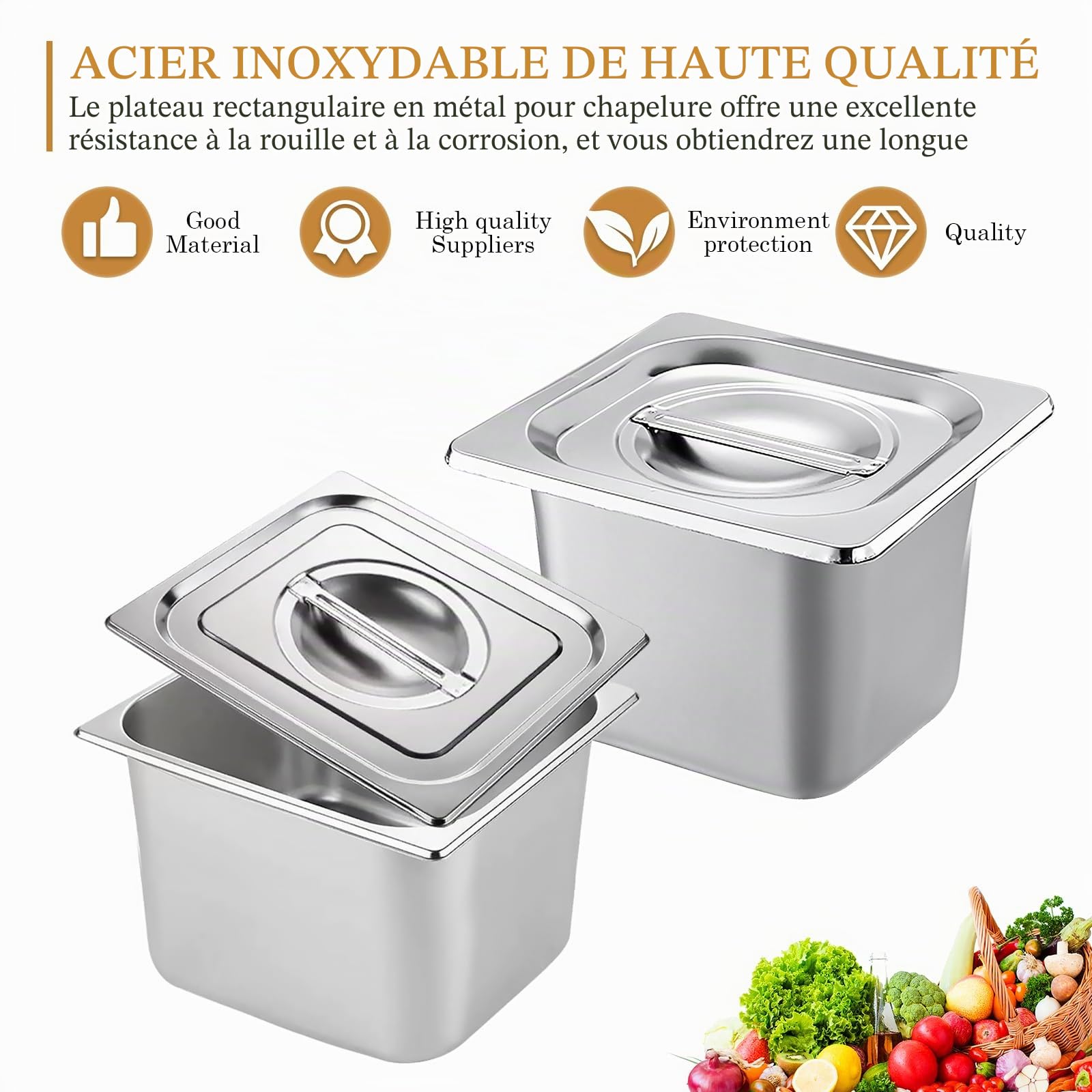 BYZESTY Lot de 4 bacs gastro inox GN 1/6 – hauteur 15 cm – bac inox alimentaire avec couvercle, bac gastro pour stockage alimentaire professionnel