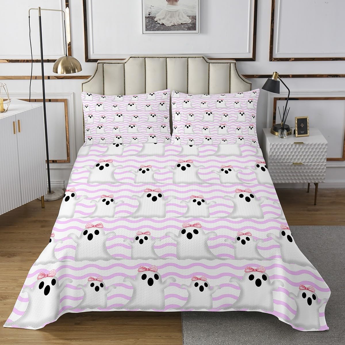 Cute Ghost Bedspread Twin Size,Cartoon Halloween Bedding Sets 2Pcs for Kids Girls Boys Room Decor,Purple White Stripe Comforter Set Funny Kawaii Quilt Coverlet,1 Pillowcase