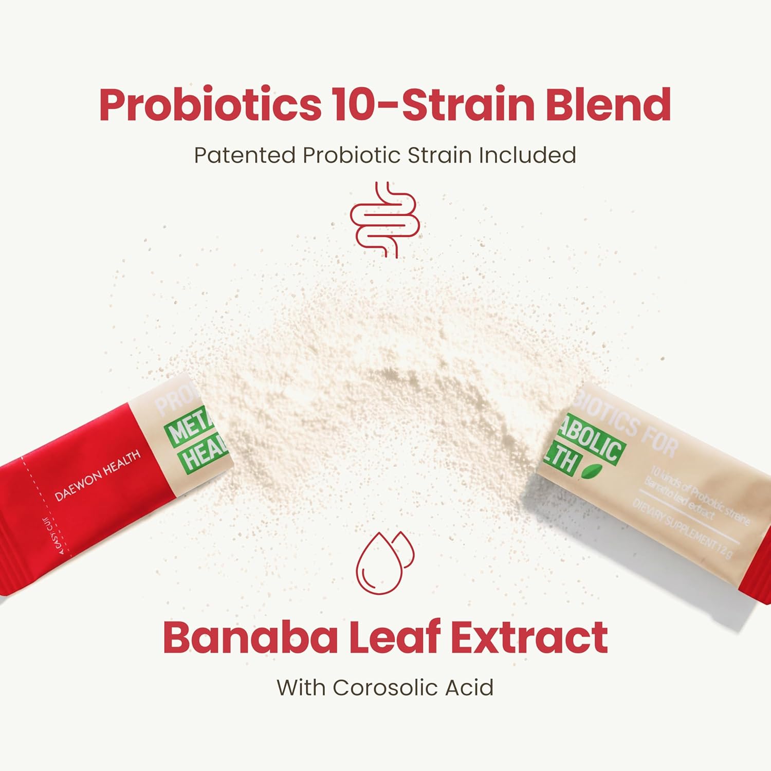 PROBIOTICS for METABOLIC Health – 20 Billion CFU, 10-Strain Probiotics & Prebiotics Powder Sticks, Banaba Leaf, Gut Health, Immune Support, Corosolic Acid, Sugar Free (30 Sticks x 2g)