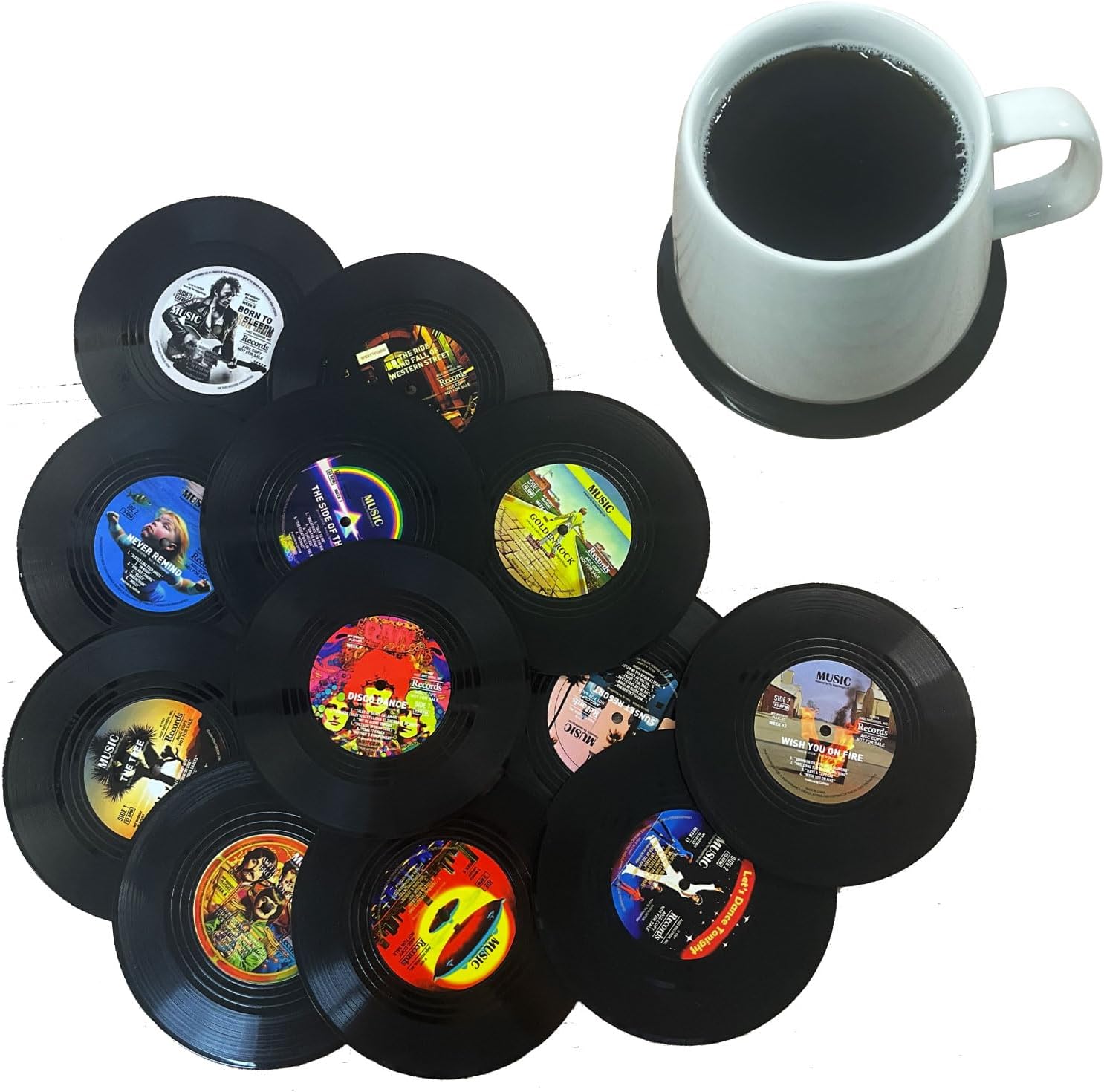Funny Retro Vinyl Record Coasters, Creative Drink Coasters Set of 12 for Music Lovers, Housewarming Hostess Gifts, Birthday and White Elephant Gifts Ideas (12) (v03b) - Image 6