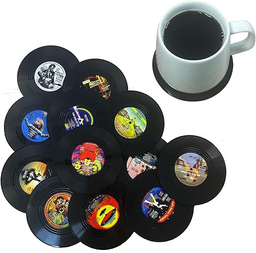Miniatura 6 de Divertidos posavasos de vinilo retro, juego de 12 posavasos creativos para bebidas, regalos para amantes de la música, regalos para inauguración de