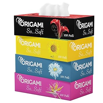 Origami 2 Ply Facial Tissue Box | Car Tissue - Pack of 4 (100 Pulls Per Box, 400 Sheets (800 sheets)
