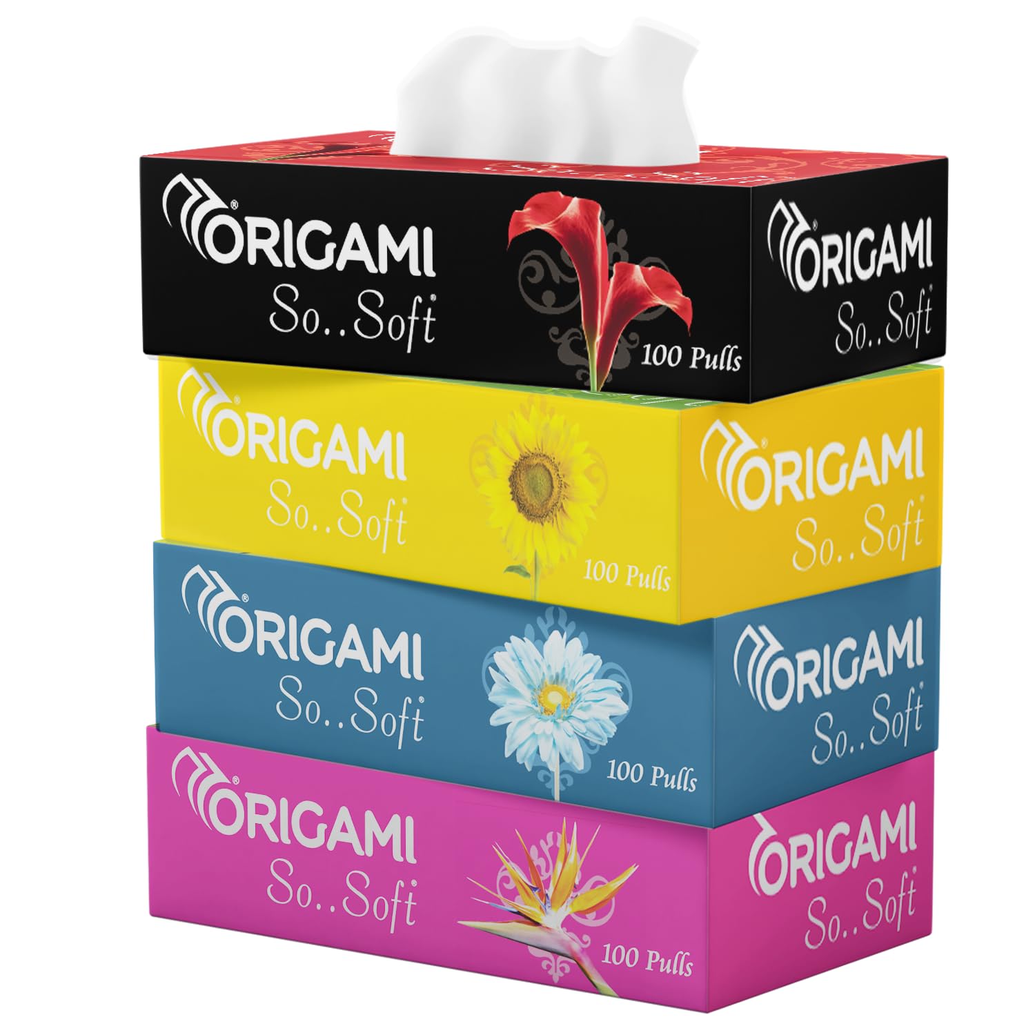 Origami 2 Ply Facial Tissue Box | Car Tissue - Pack of 4 (100 Pulls Per Box, 400 Sheets (800 sheets)