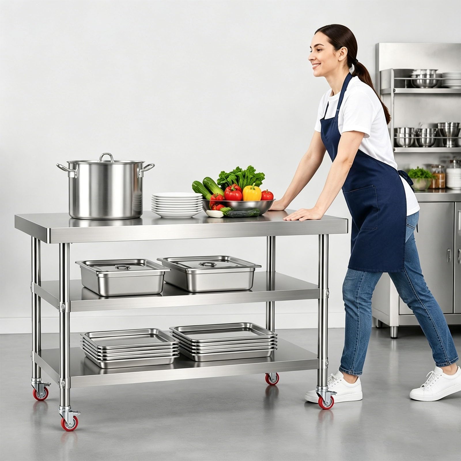 Tavolo da lavoro in acciaio inossidabile, tavolo da catering a 3 piani con ruote, tavolo per la preparazione degli alimenti per ristorante e casa, 90 x 50 x 80 cm