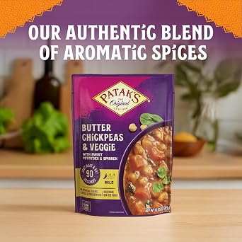 Pataks Butter Chickpeas & Veggies - Vegetarian Ready to Eat Meal - Mild Indian Curry w/Chickpeas, Spinach & Veggies - Microwave Meal for Quick Dinners - Serve with Rice or Naan - 10.5oz (Pack of 6)